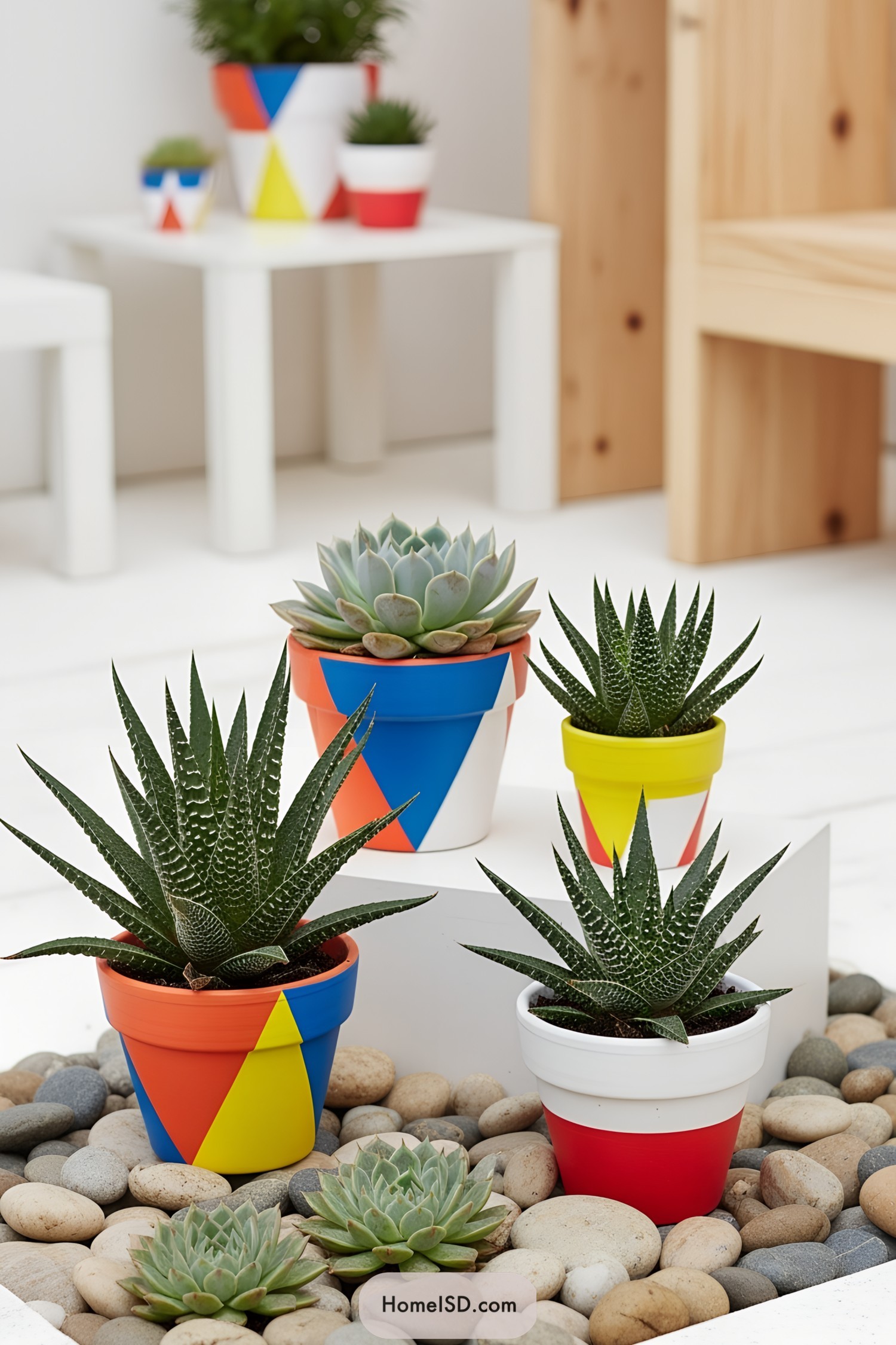 Colorful geometric pots with succulents