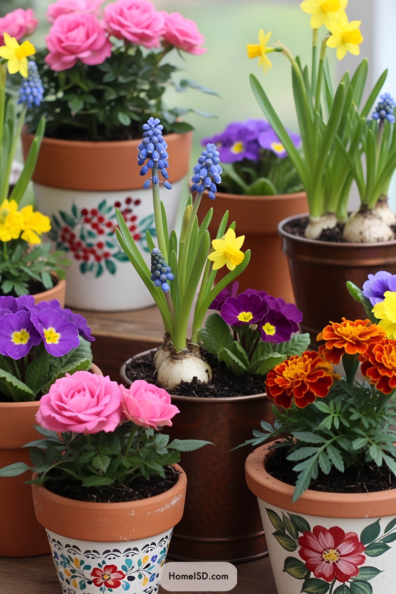 Mini flower pots with colorful blooms on display