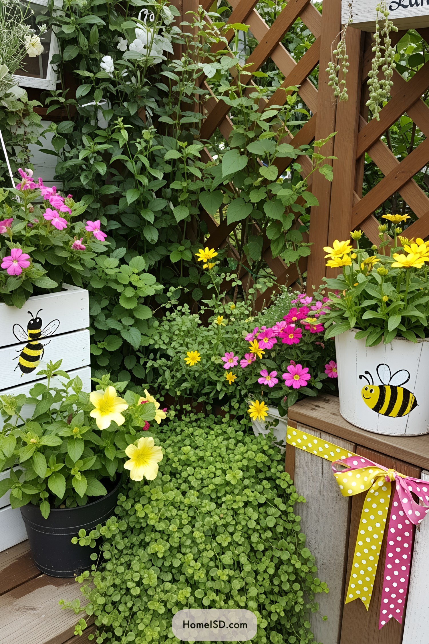 Bee-painted pots amidst vivid flowers in a garden setting