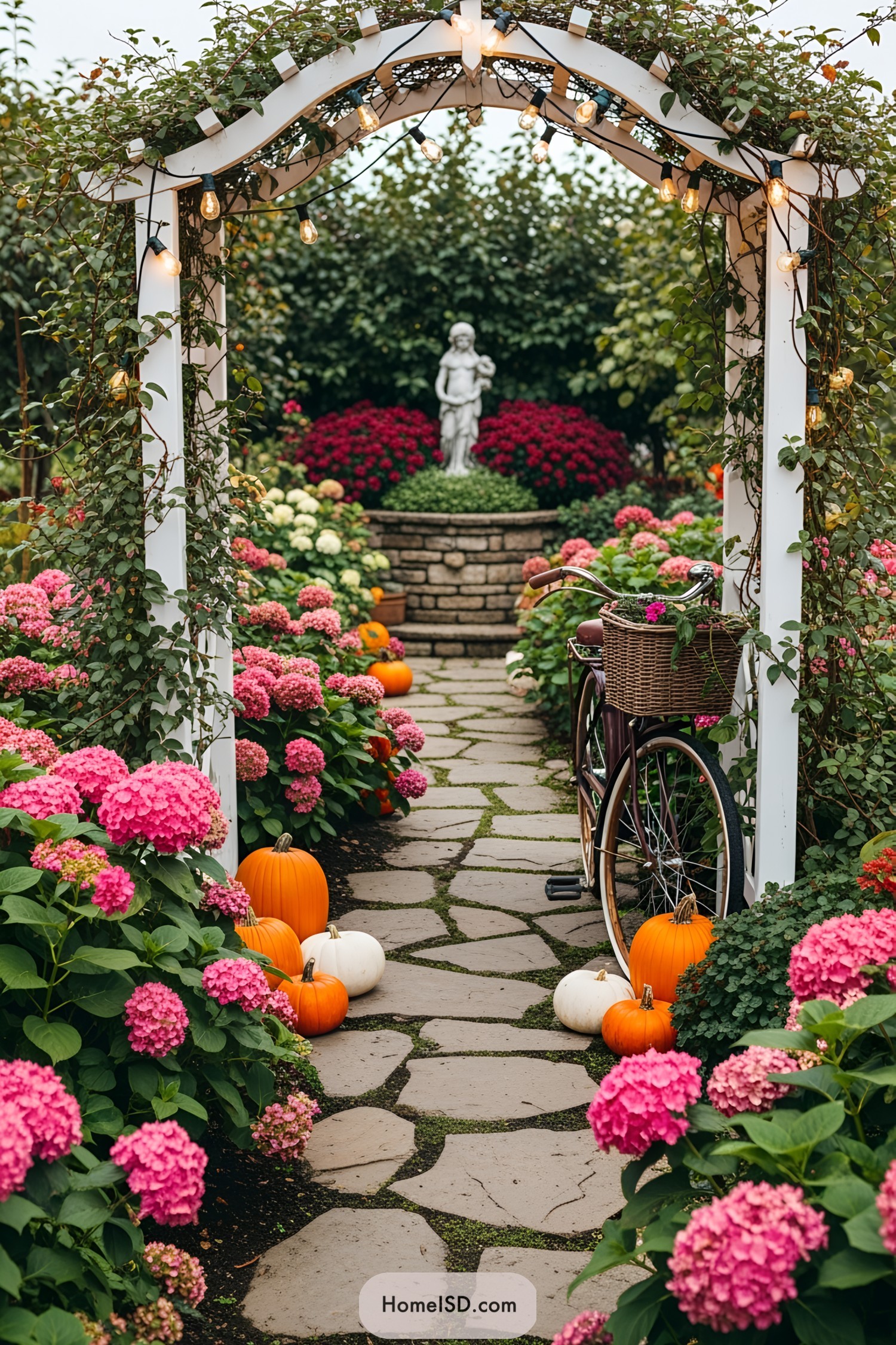 Garden pathway adorned with bright flowers, pumpkins, and a bicycle