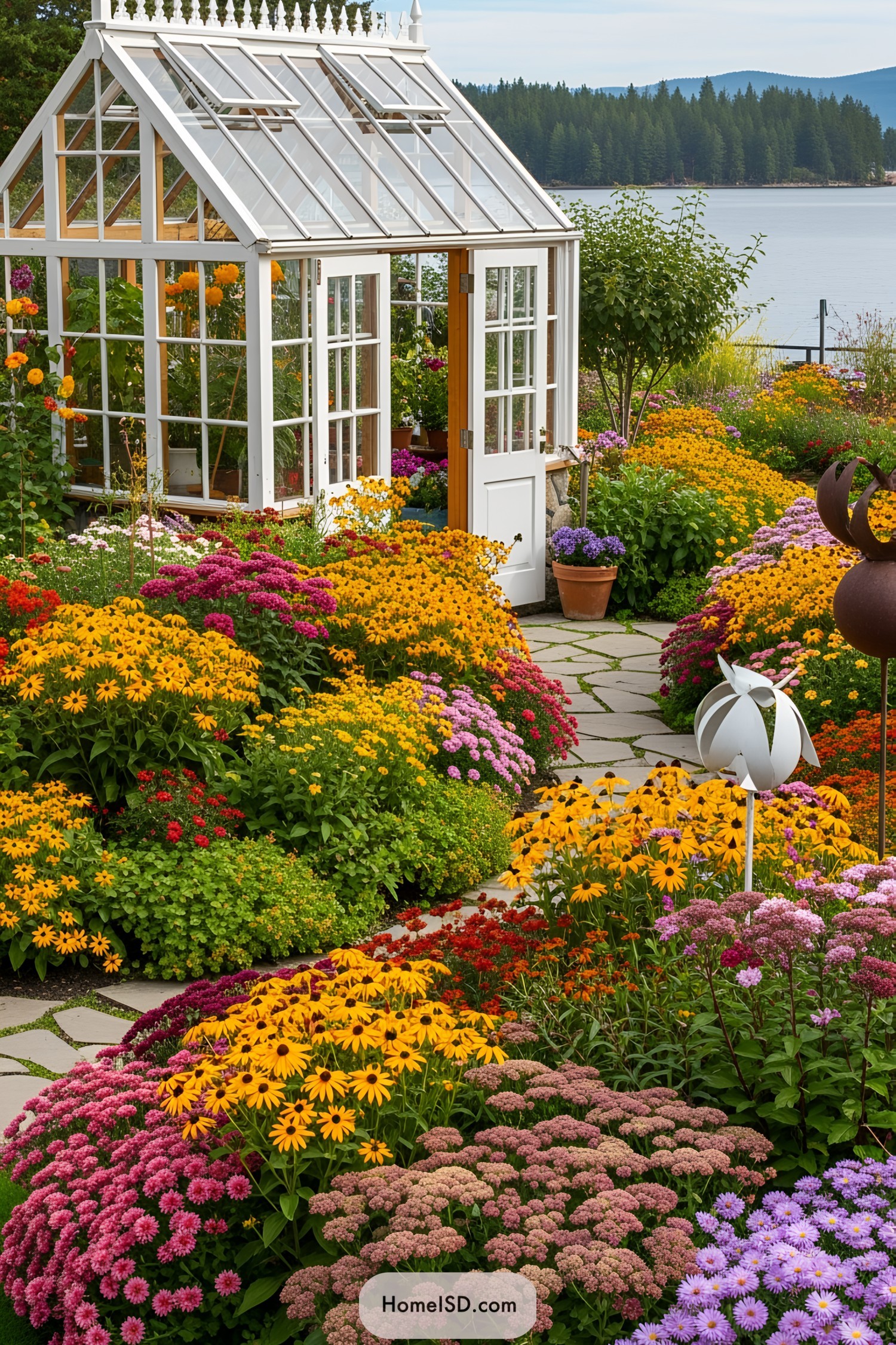 A quaint greenhouse surrounded by vibrant fall flowers near a serene lake