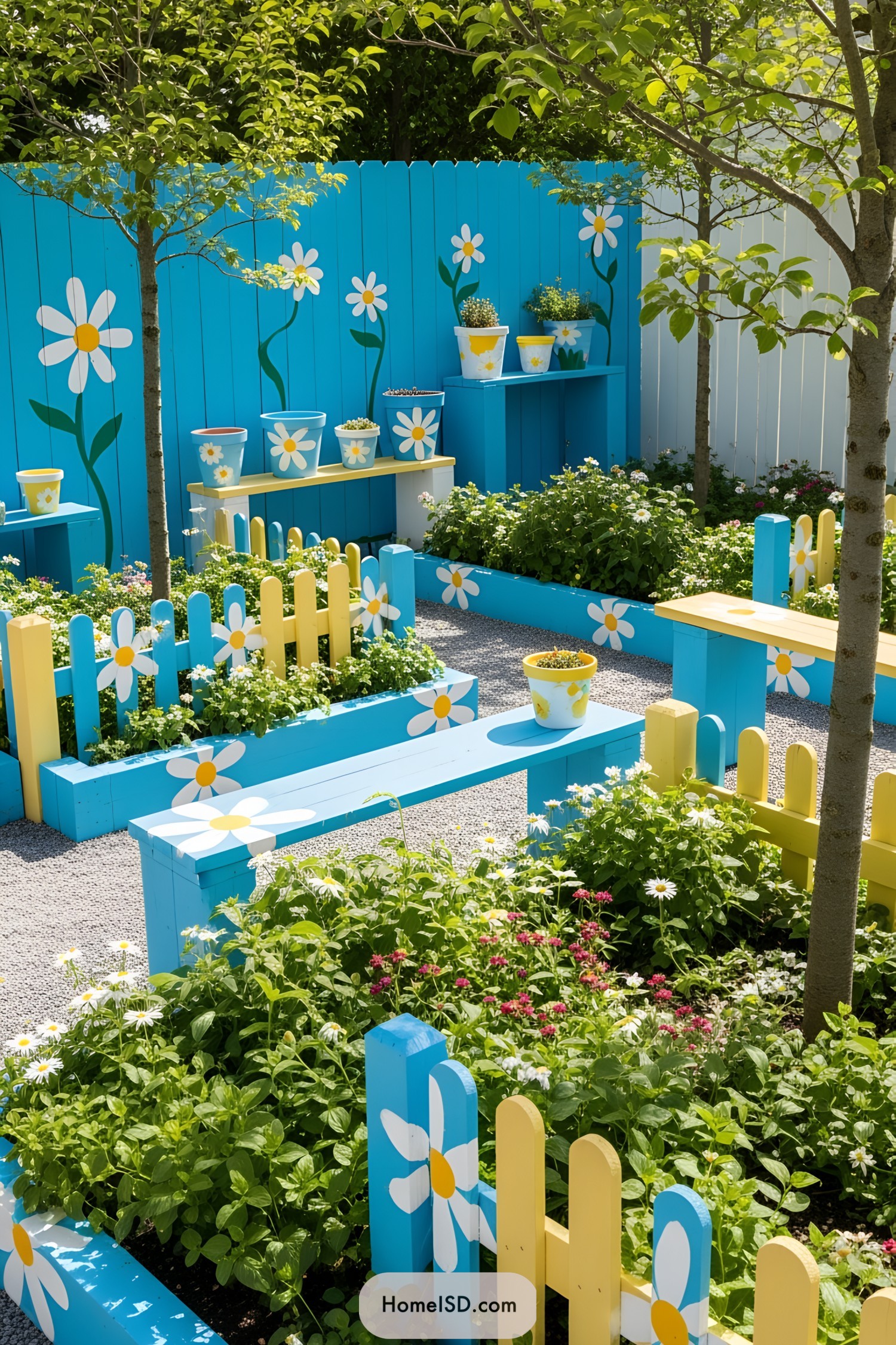 Brightly painted garden with daisy-themed decorations