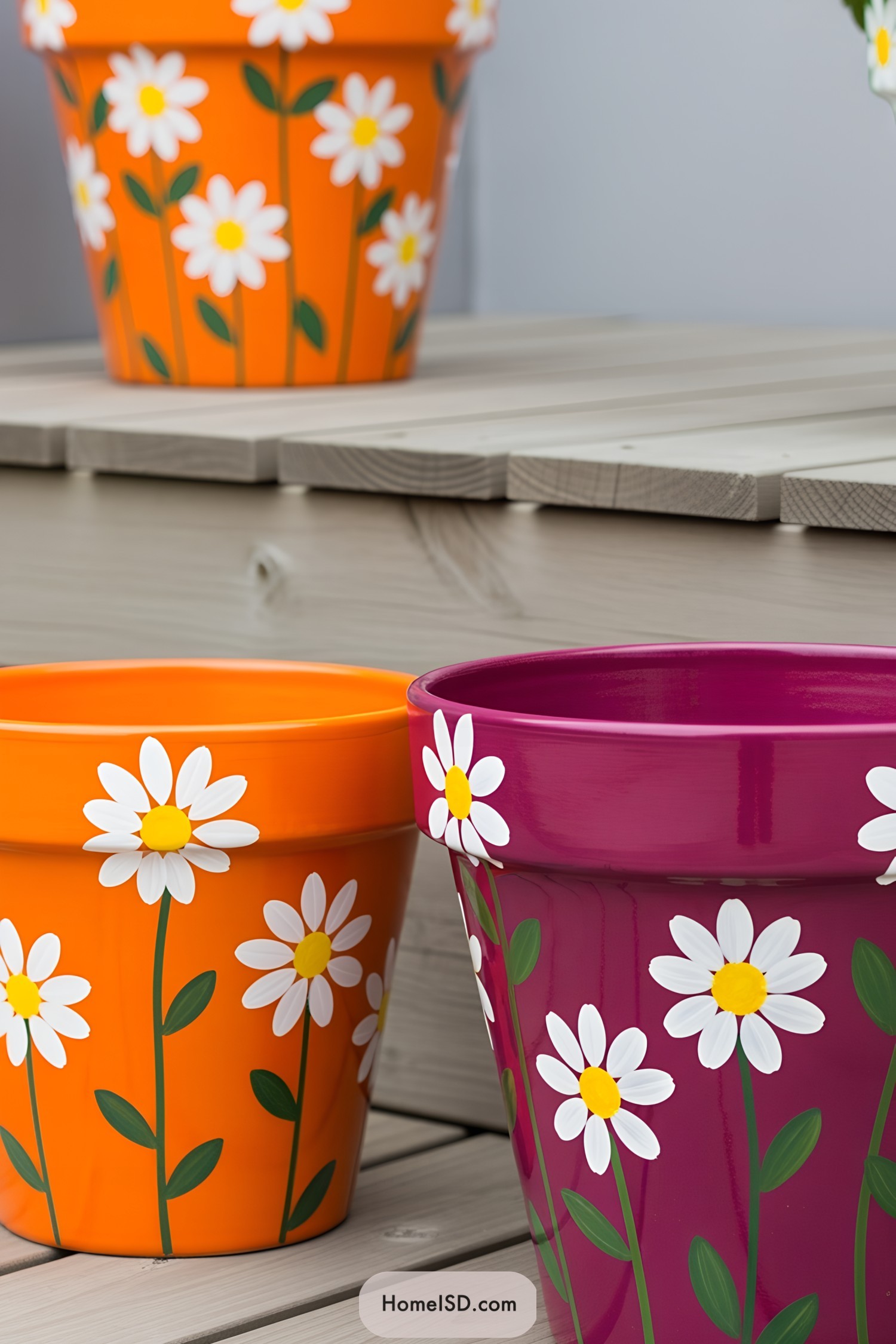 Brightly painted flower pots with daisy designs