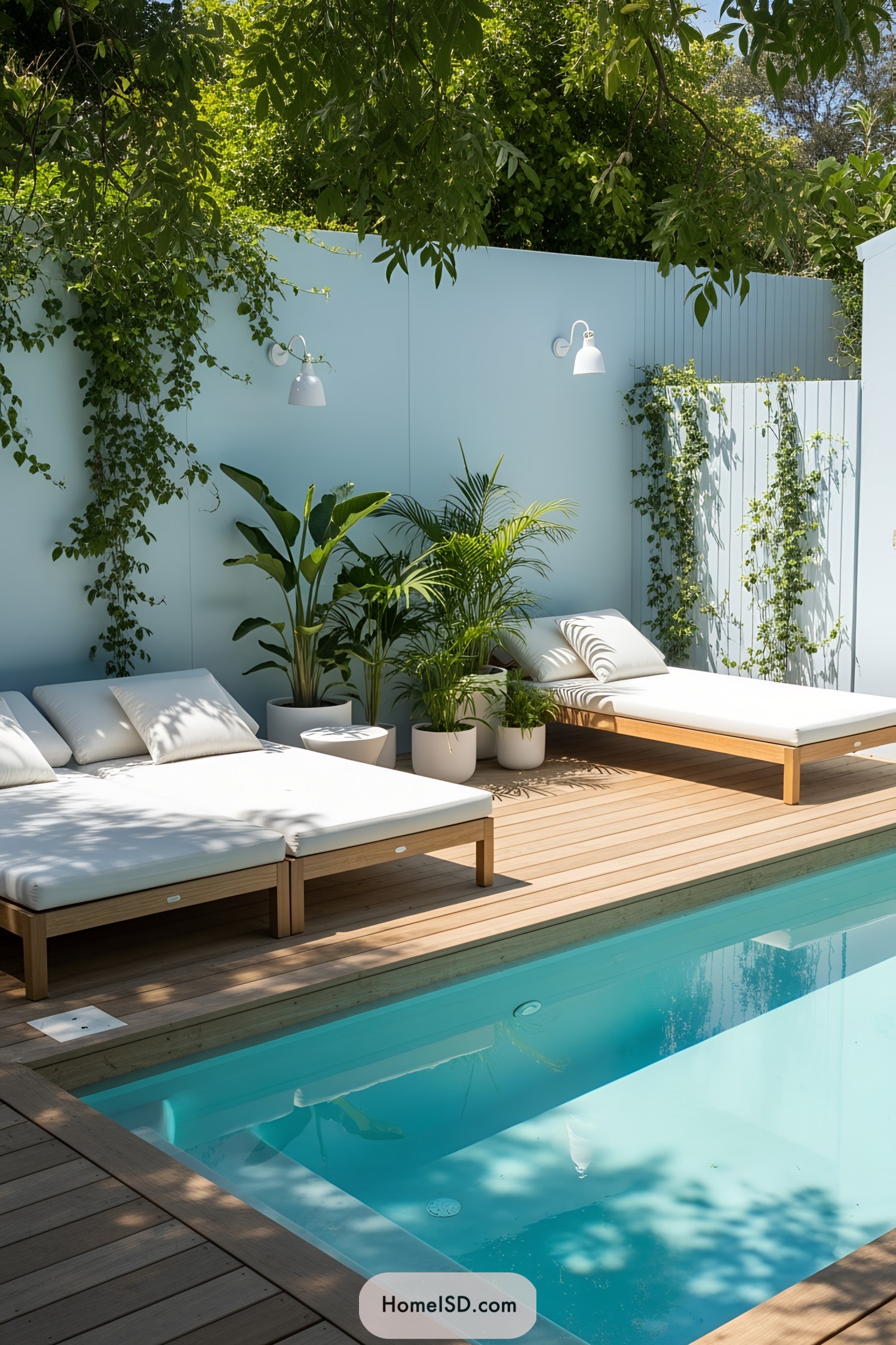 Cozy poolside deck with loungers and greenery