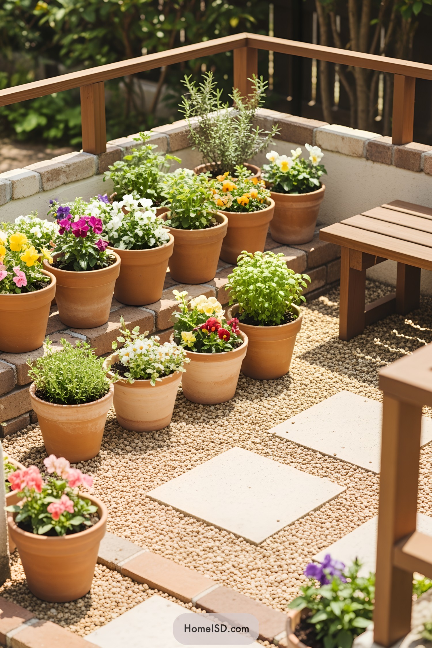 Rows of colorful flowers in small terracotta pots outdoors