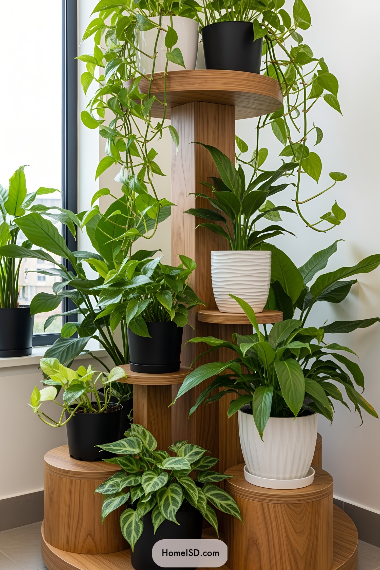 Potted plants on a tiered wooden stand by a window