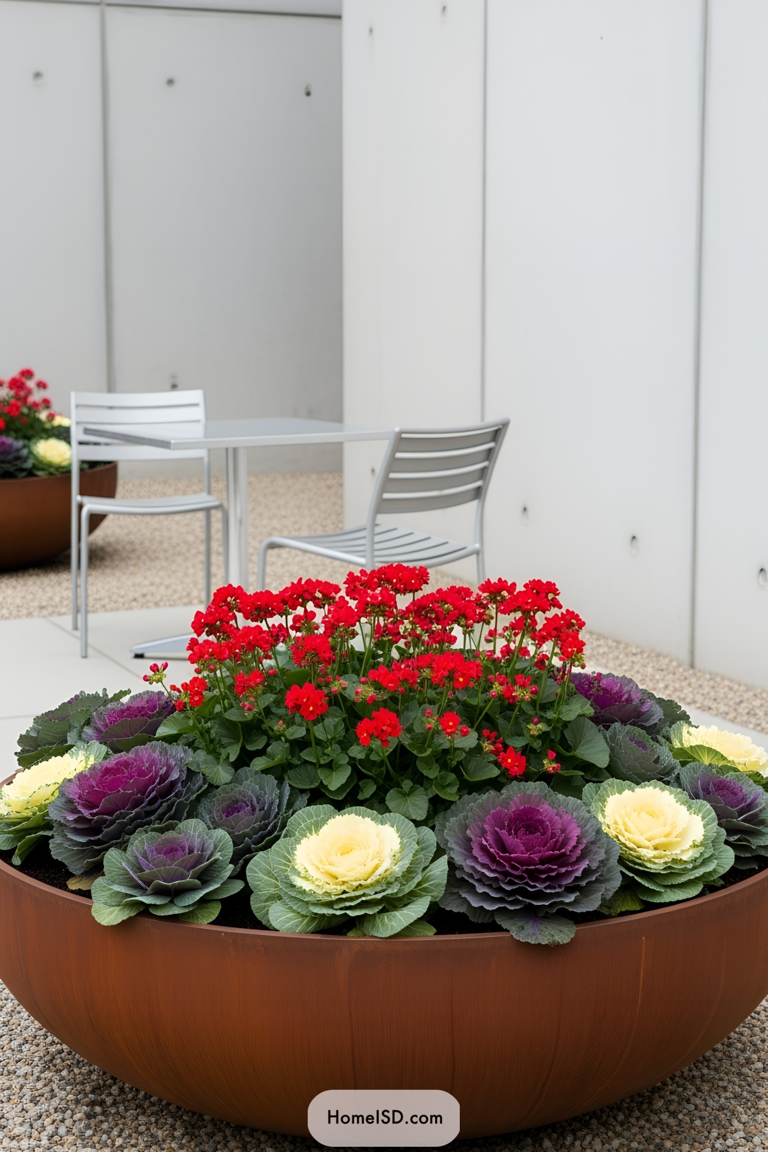 Colorful flowers and leafy greens in a large, round planter