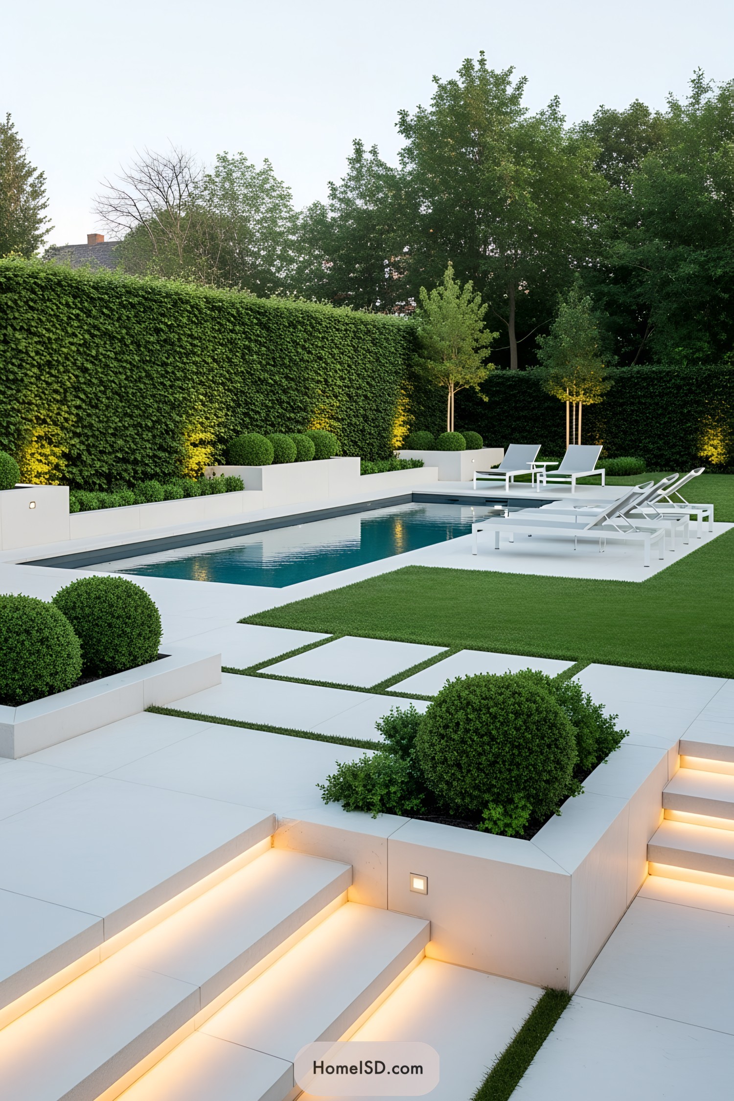 Modern pool area with clean lines and manicured greenery