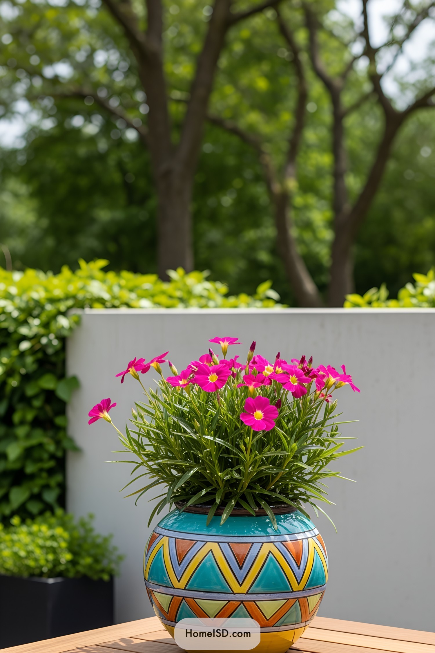 Colorful flower pot with bright pink blooms on a patio