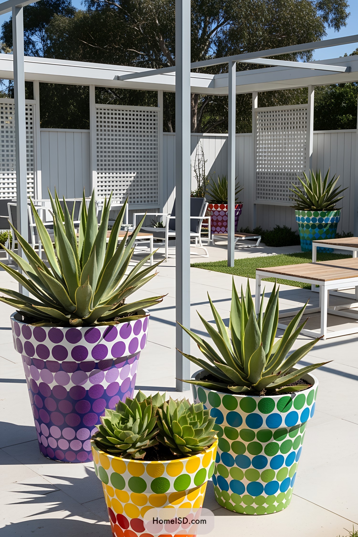Colorful pots with geometric designs and agave plants