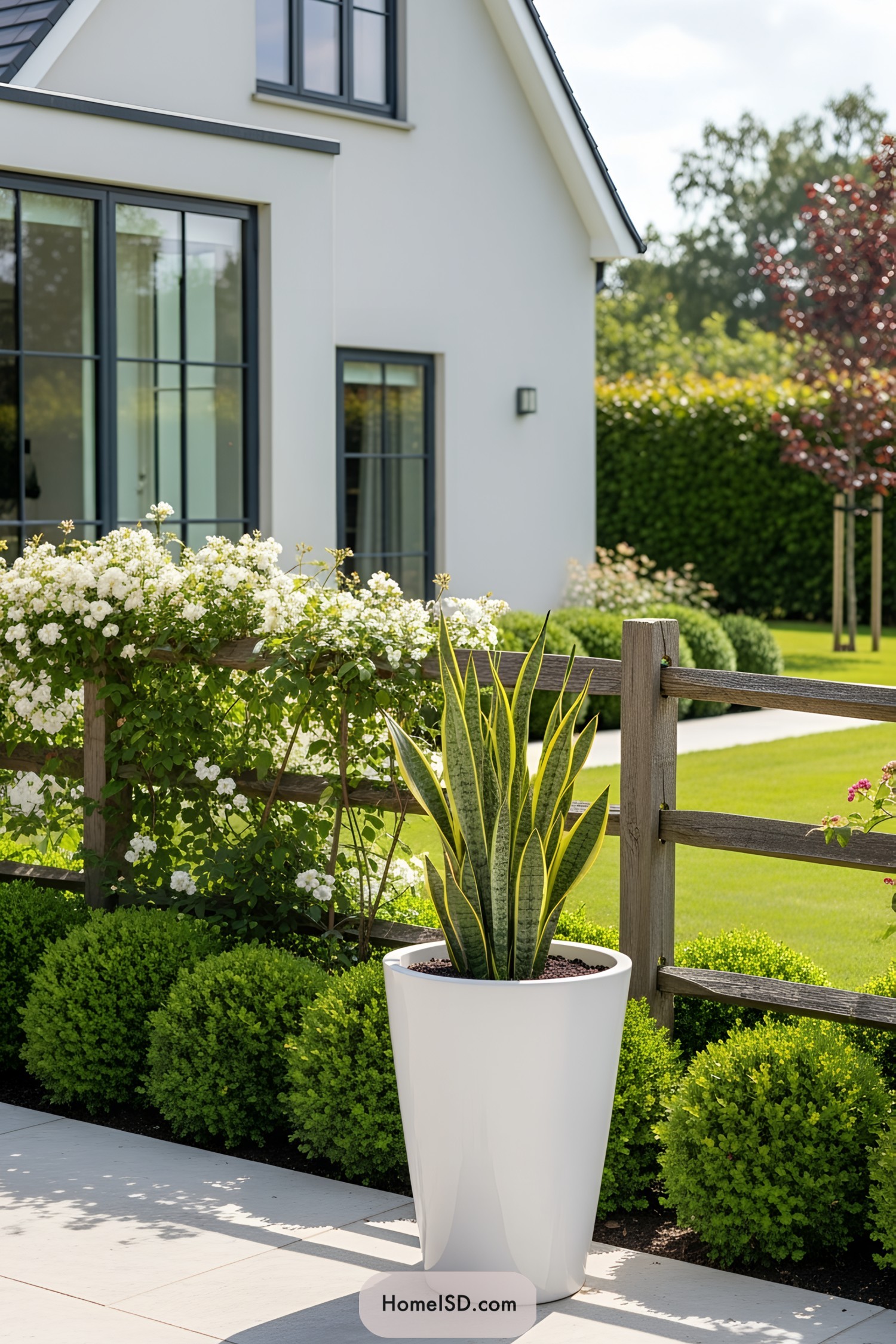 White flower pot on a patio with lush greenery