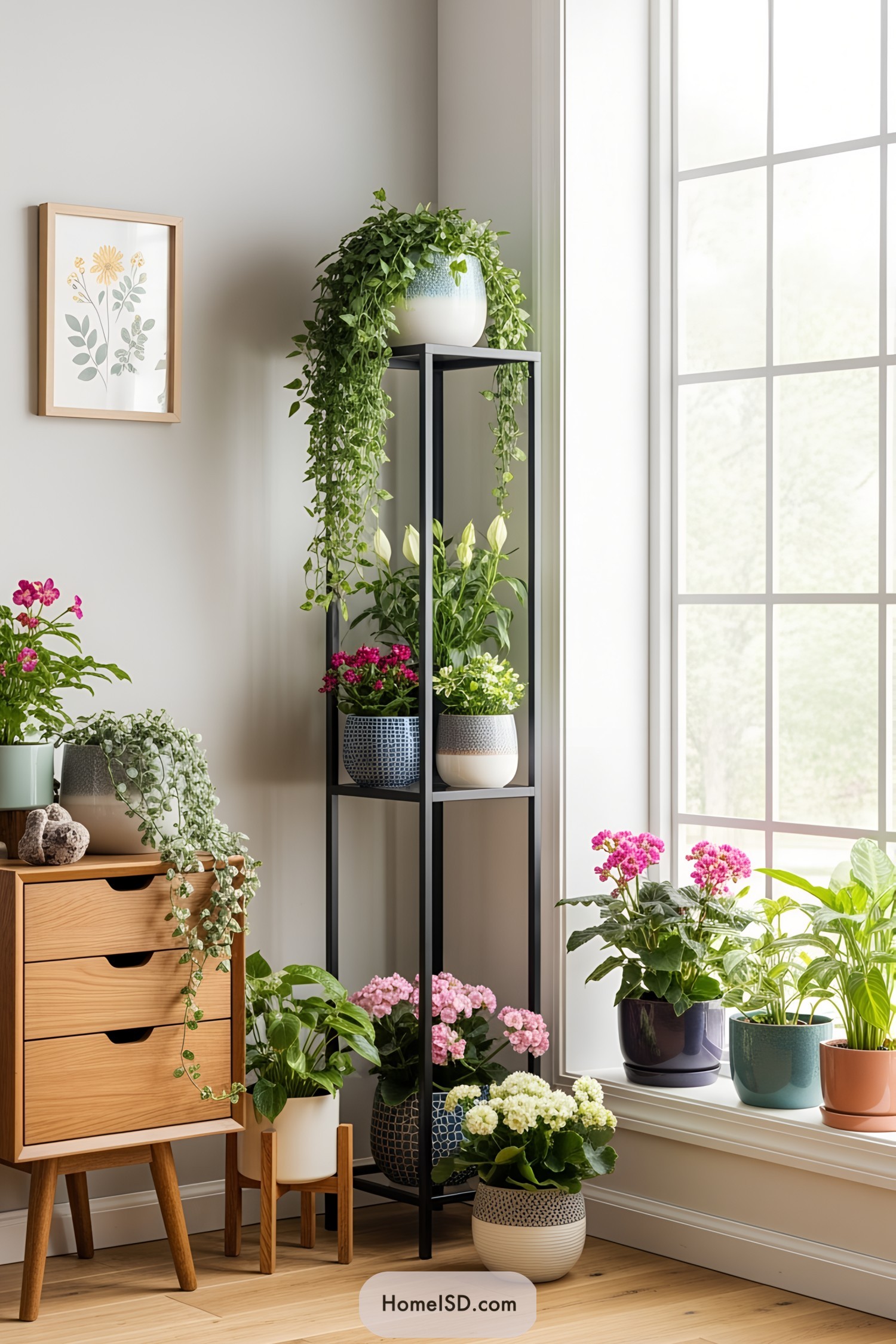 Stylish flower pot stand by a sunny window
