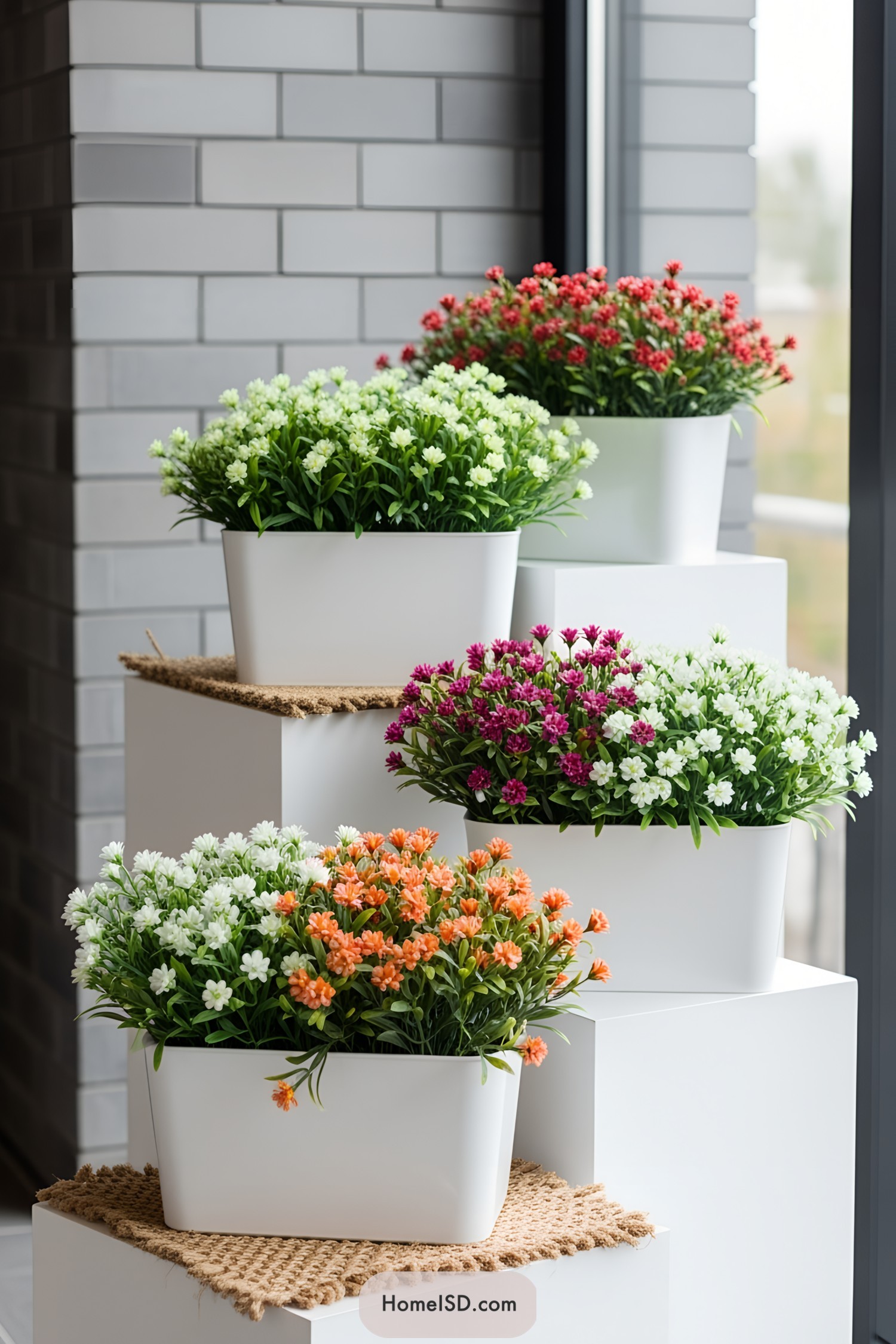 Small, colorful flower pots on display