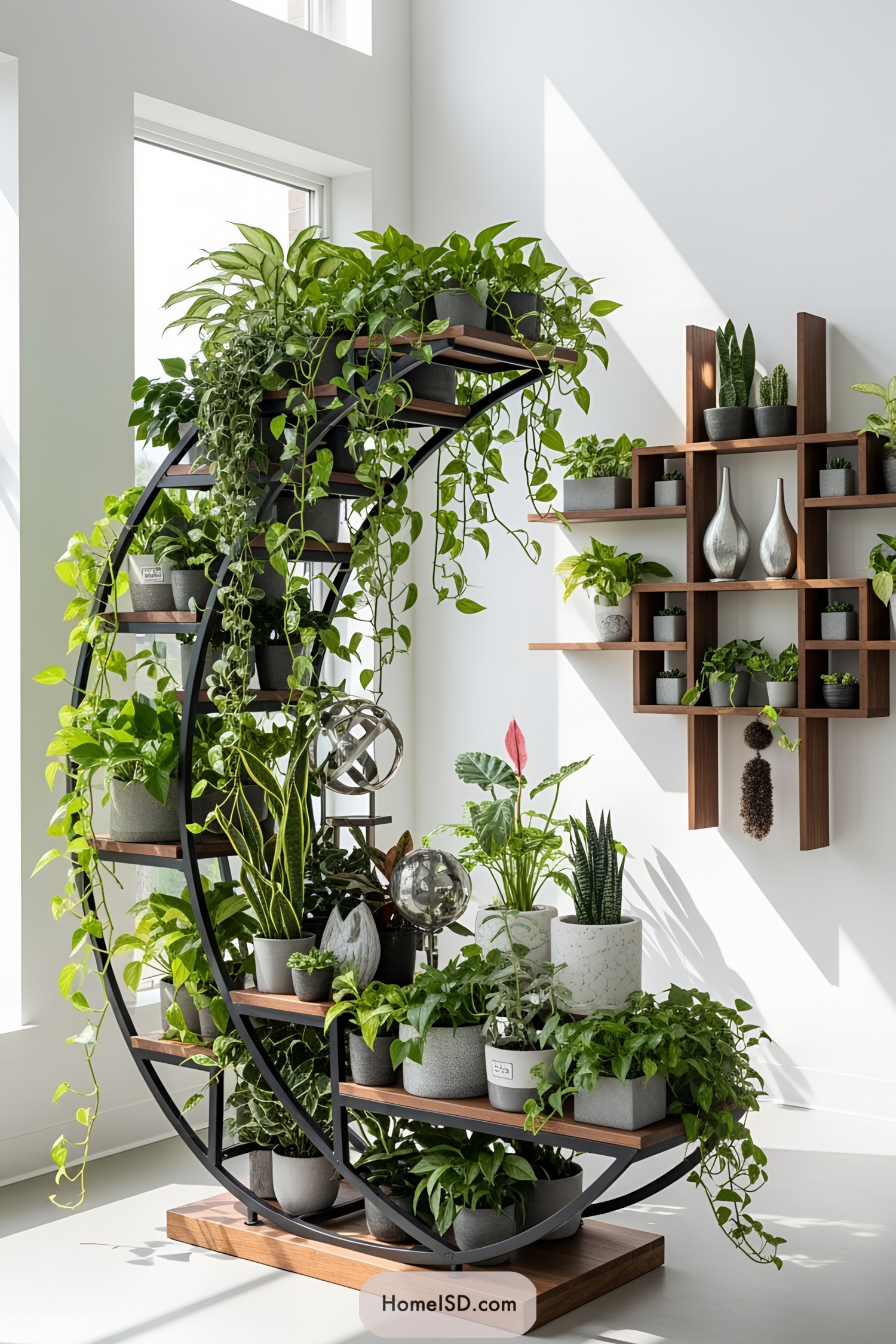 Curved plant stand with cascading greenery by a window