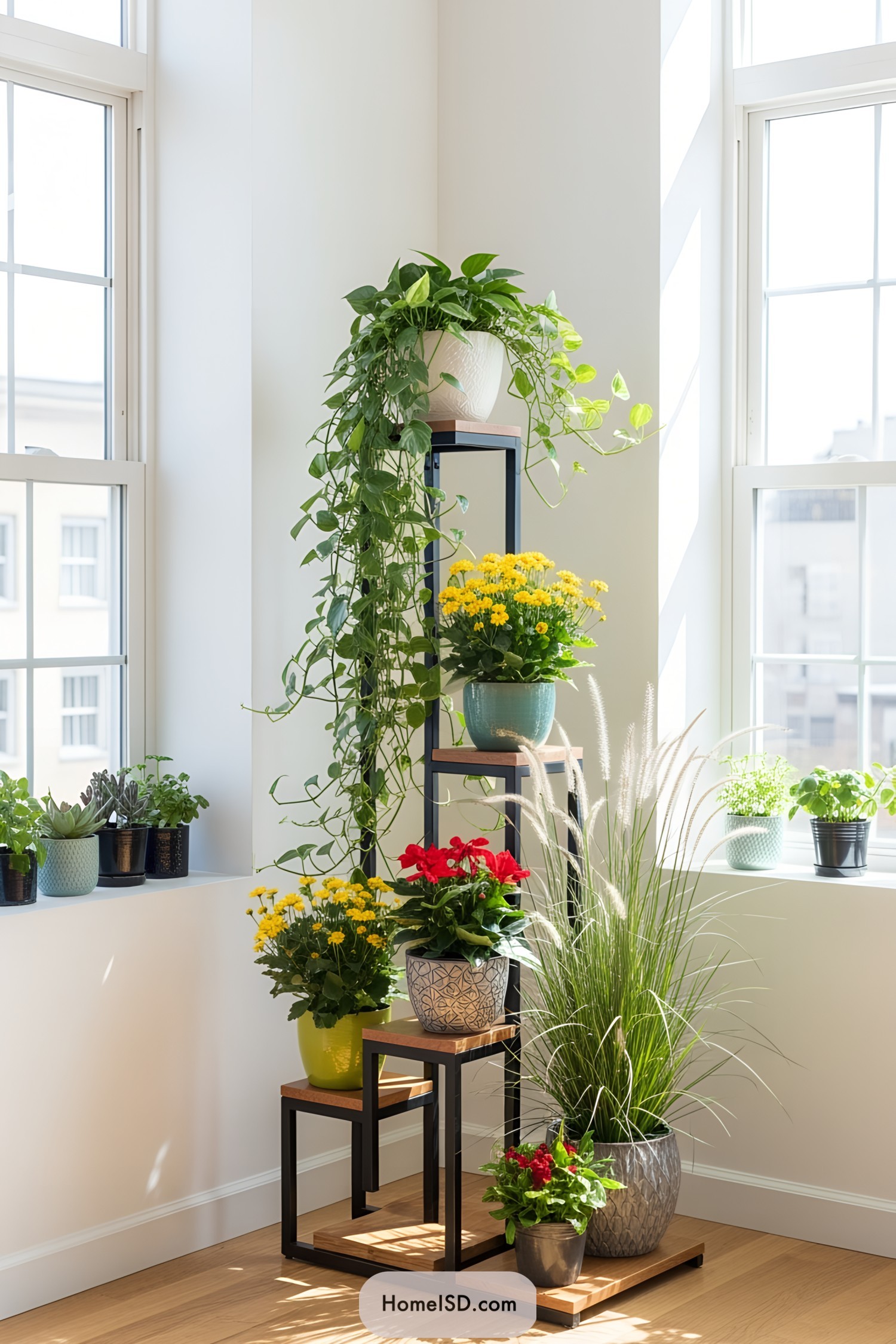 Modern plant stand with various potted plants