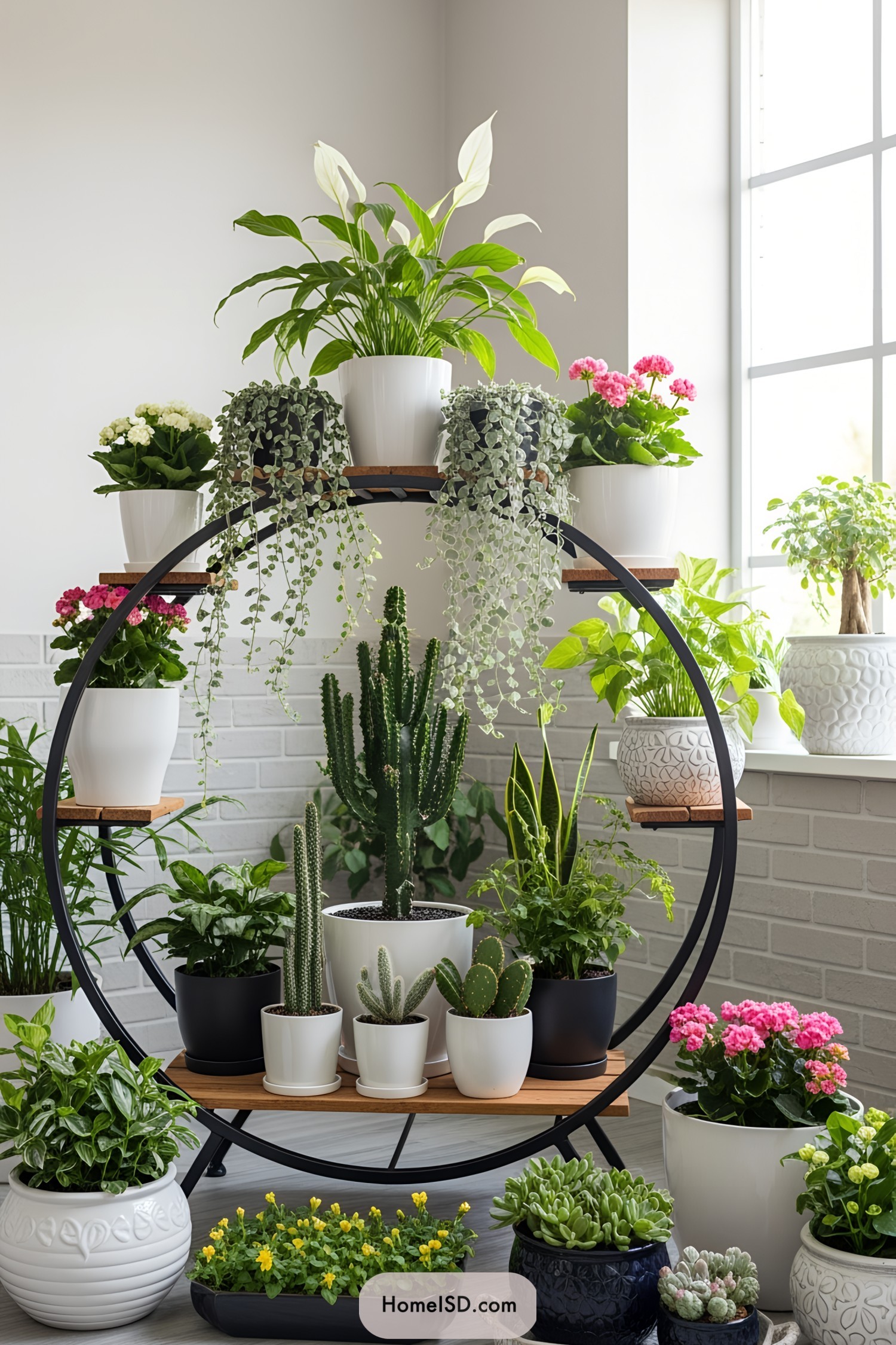 Contemporary indoor garden with a striking circular metal and wood flower pot stand, elegantly arranged with diverse potted plants including succulents, cacti, flowering varieties, and cascading vines. The space features neutral walls with light gray brick accents, a large sunlit window, and additional decorative ceramic pots and trays with vibrant foliage. The overall atmosphere is bright, orderly, and modern, emphasizing a clean layout and lush greenery in a well-lit indoor setting.