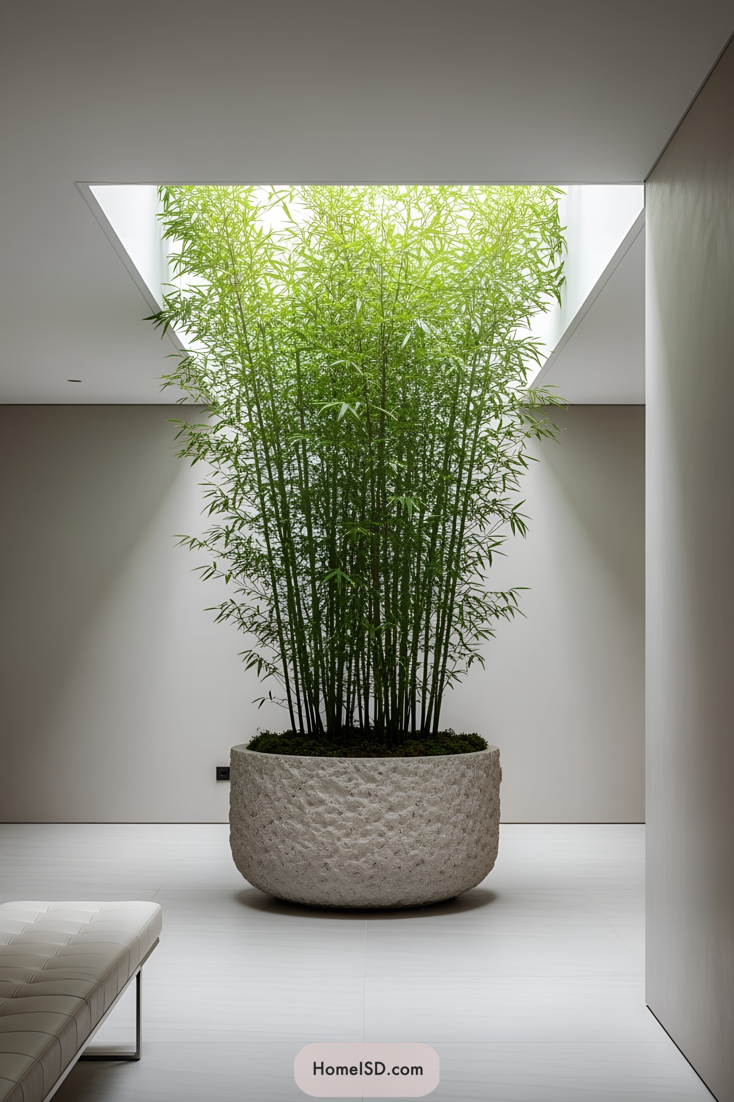 Large potted bamboo under skylight in modern interior