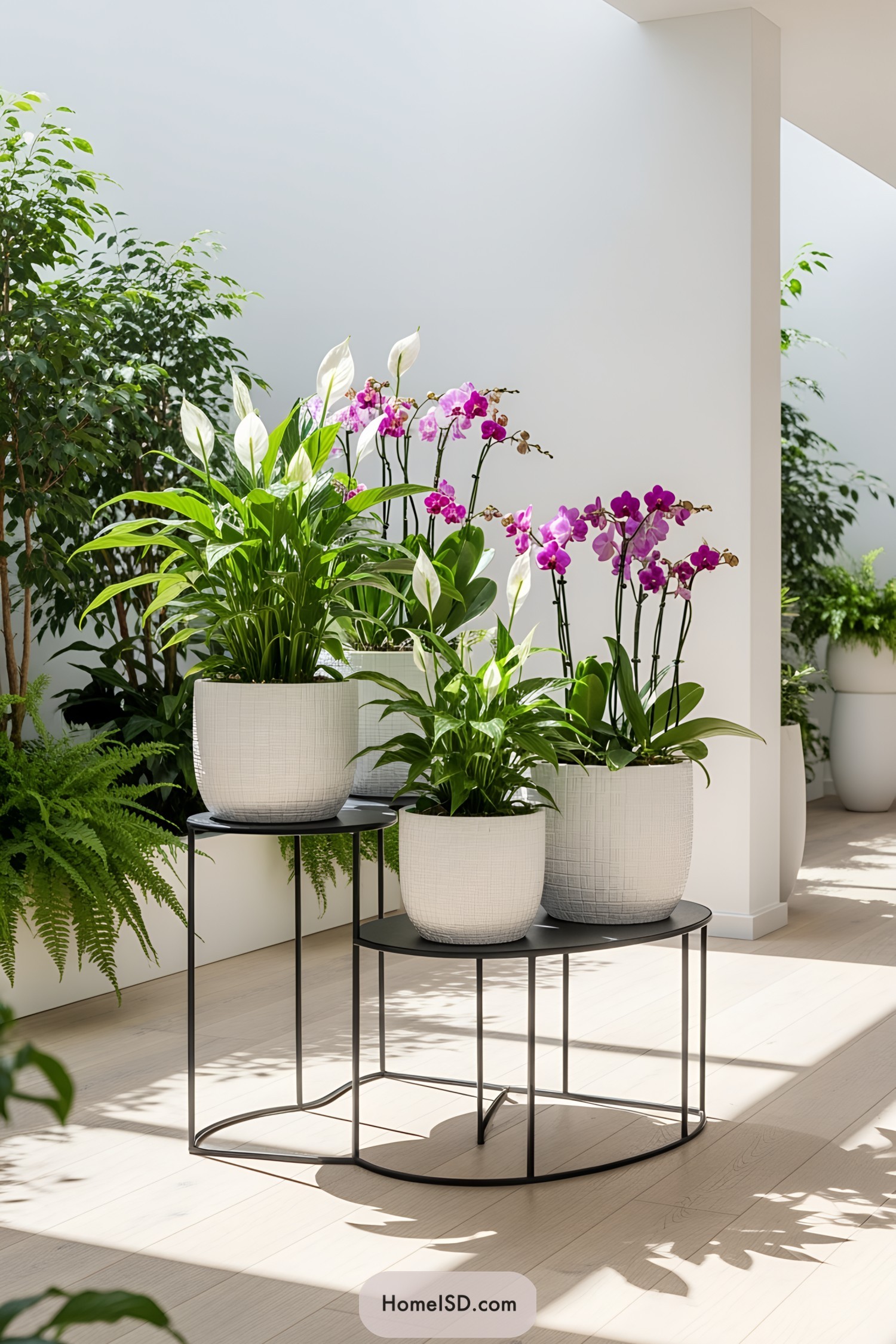 Plants in white pots on modern black stands with sunlight streaming through large windows