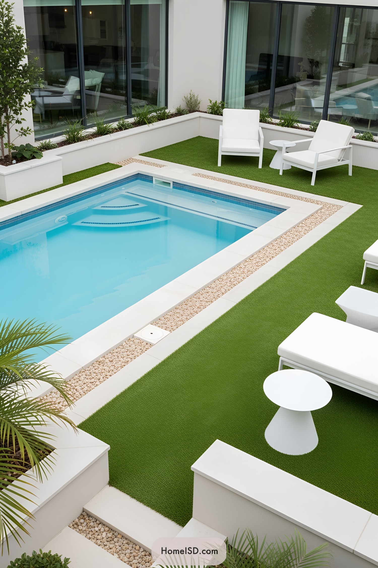 Small modern pool surrounded by white seating and green turf
