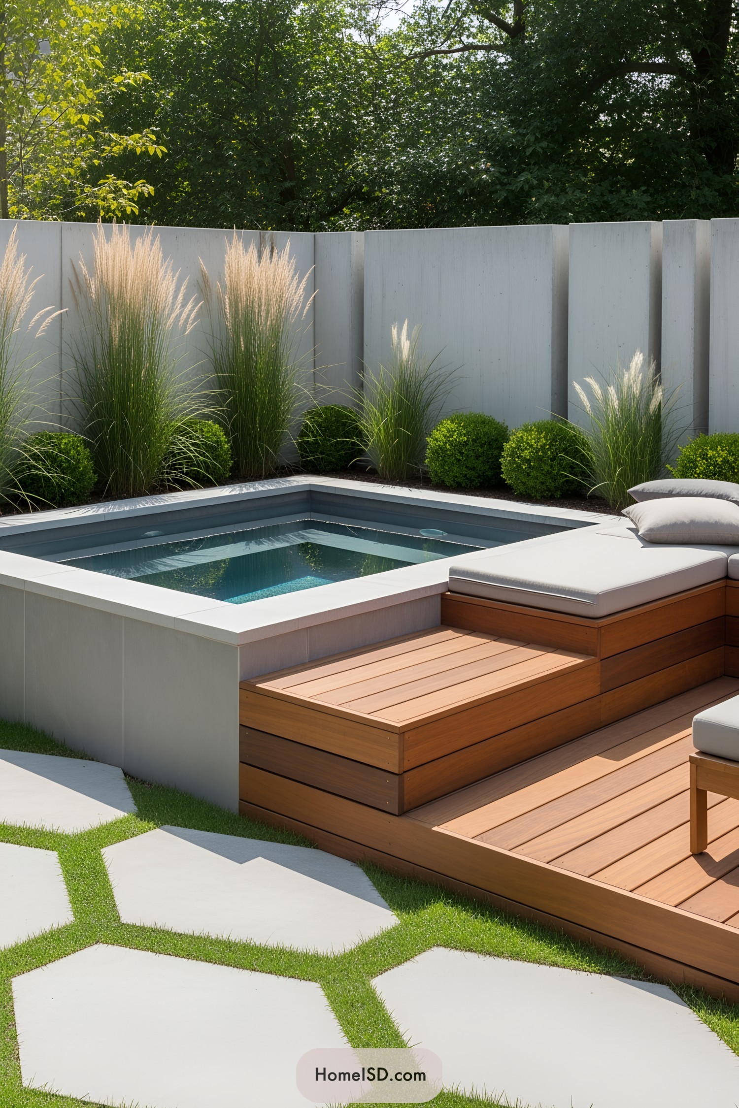 Small modern pool with wooden deck and greenery