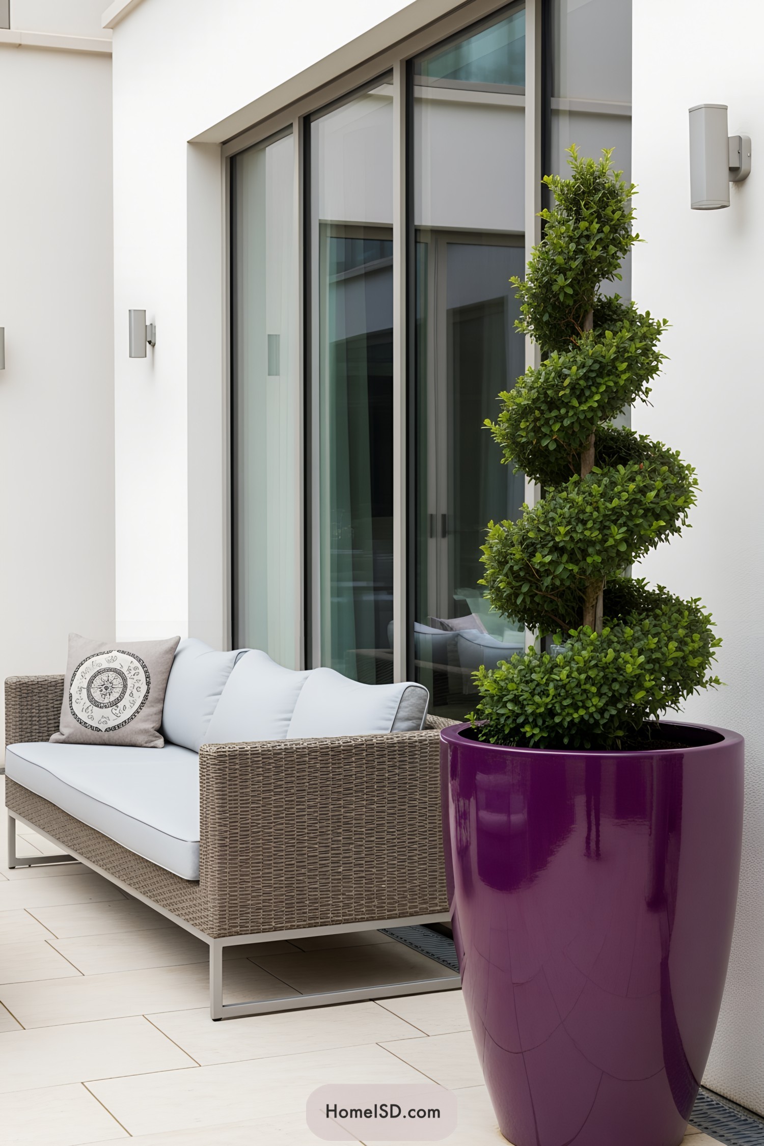 Modern patio with a bold purple planter and sleek sofa