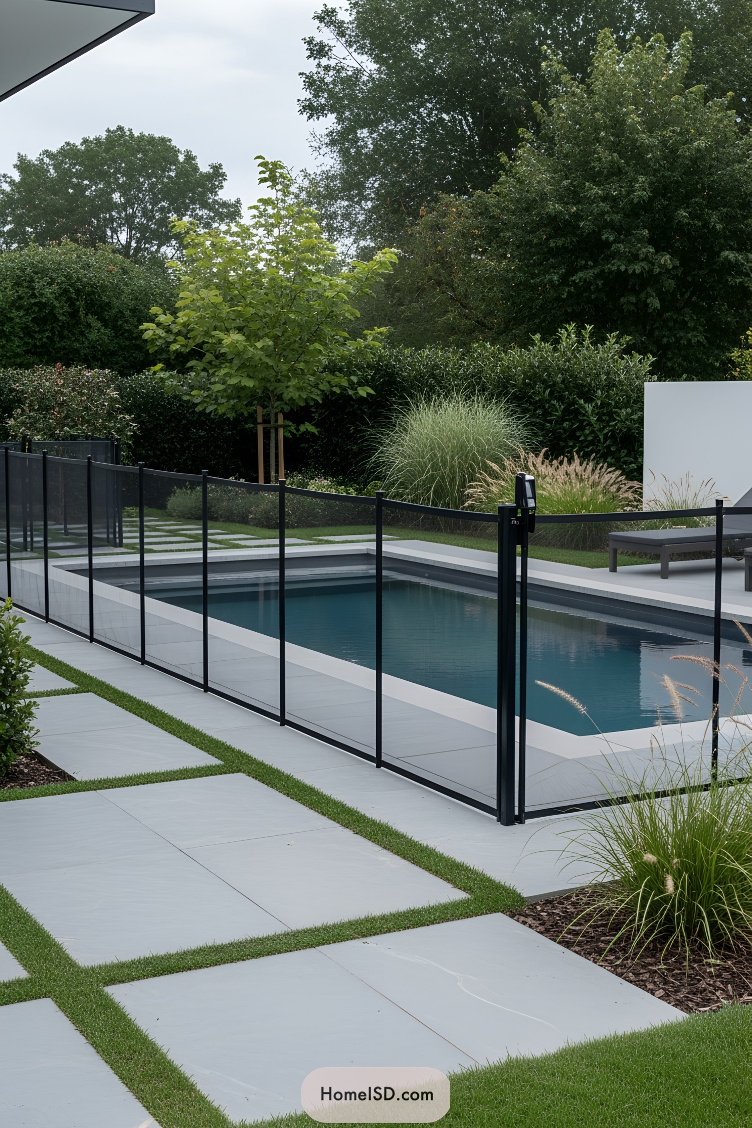 Modern pool area with sleek black fence and lush greenery