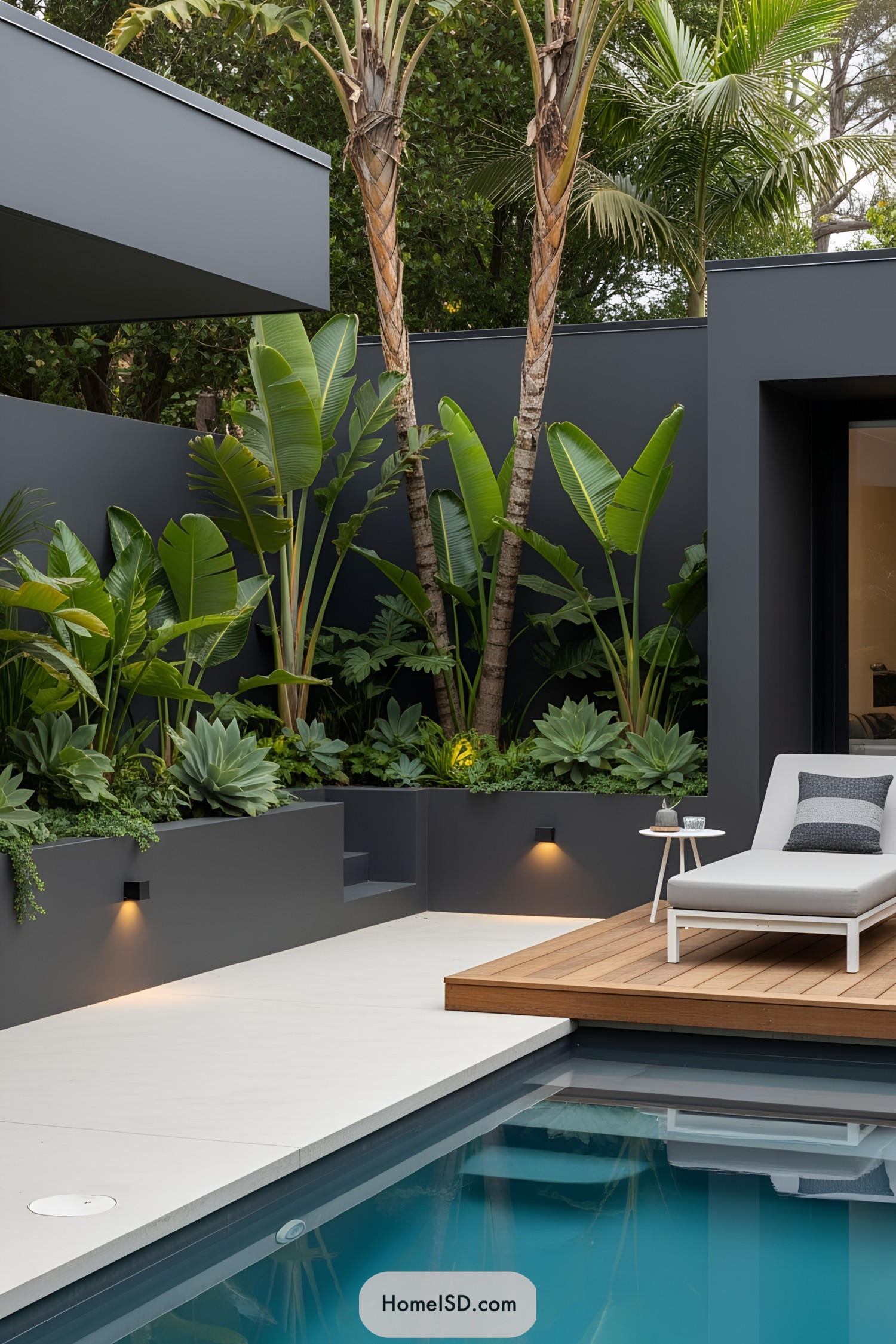 Modern pool area with lush foliage and a sleek lounger