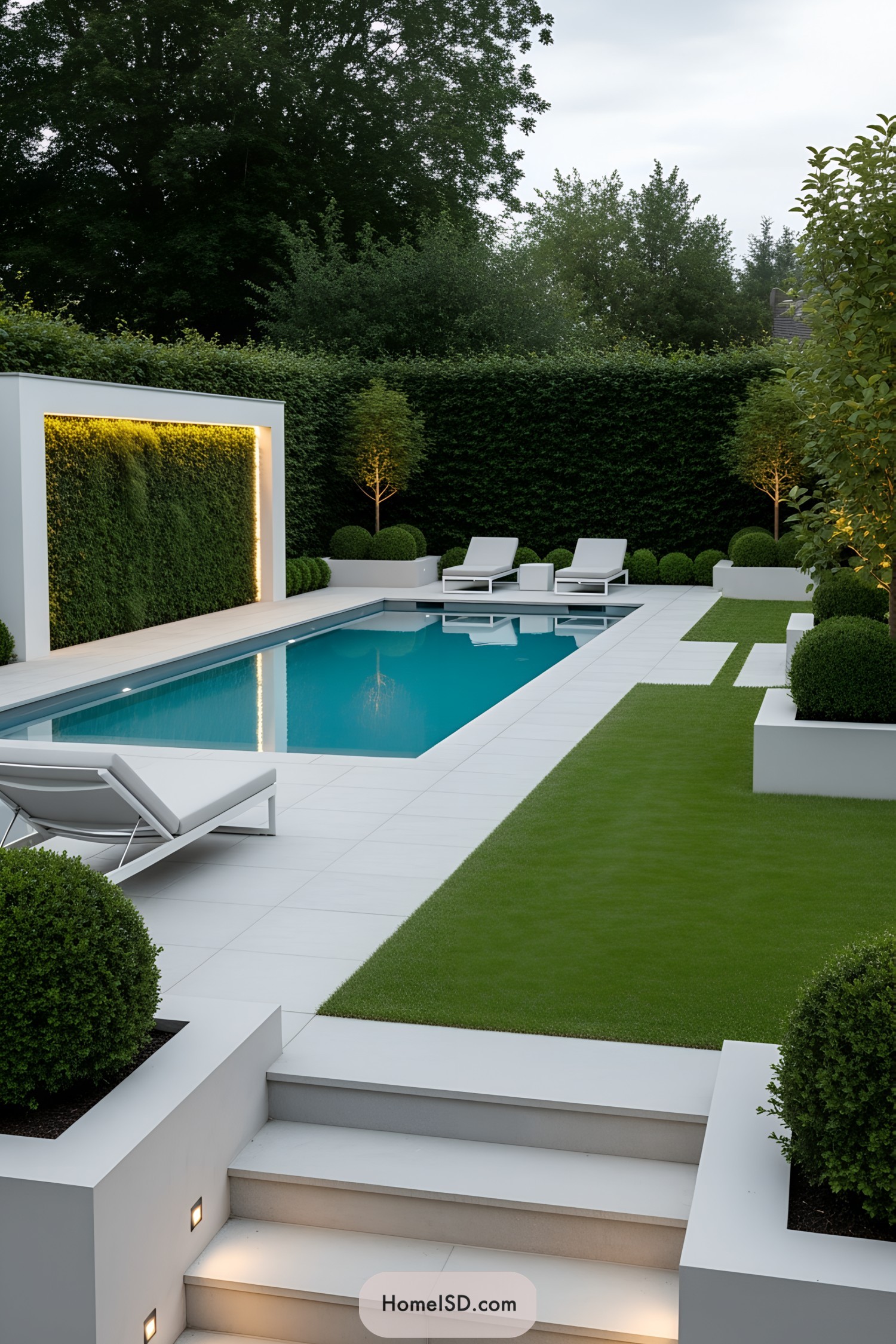 Modern stylish pool area with white furniture and greenery