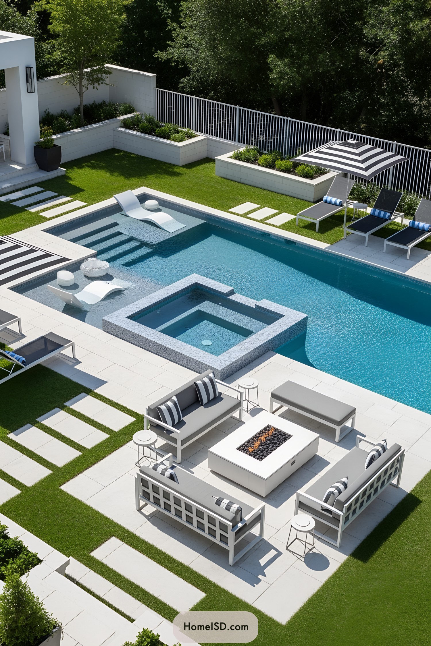 Modern pool with lounge chairs and fire pit