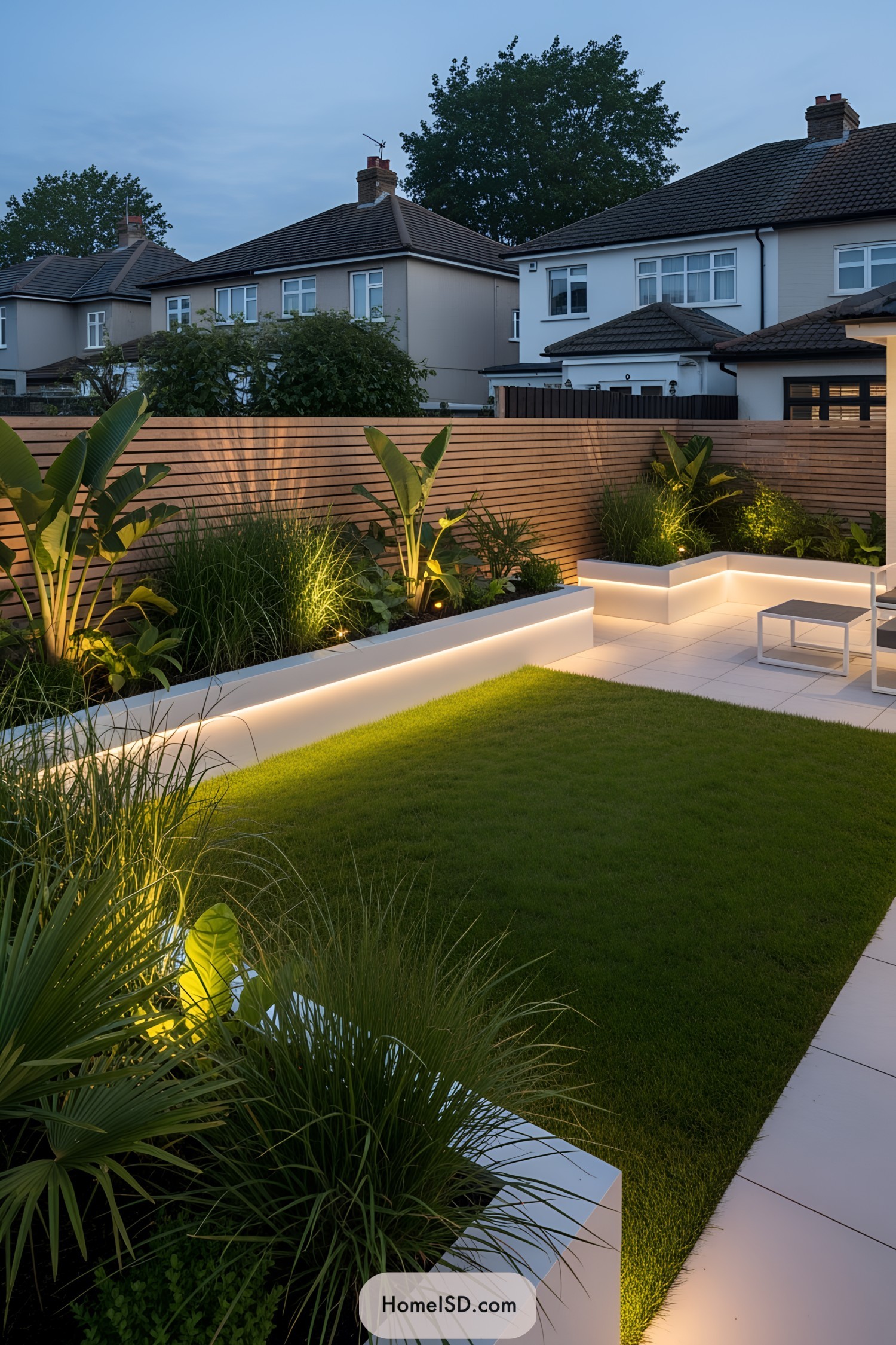 Elegant modern backyard with illuminated planters and lush green lawn