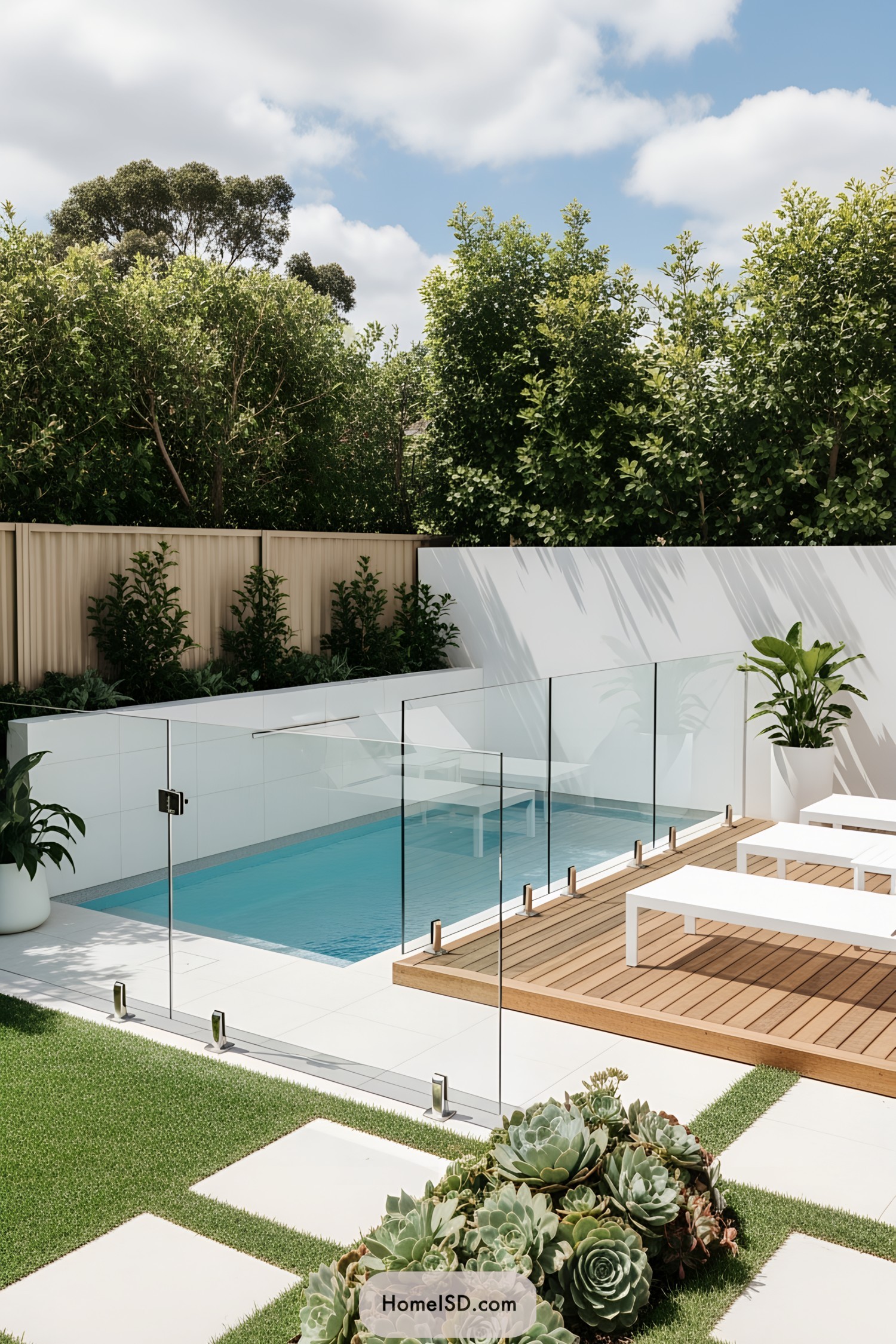 Compact backyard pool with glass fencing and white loungers