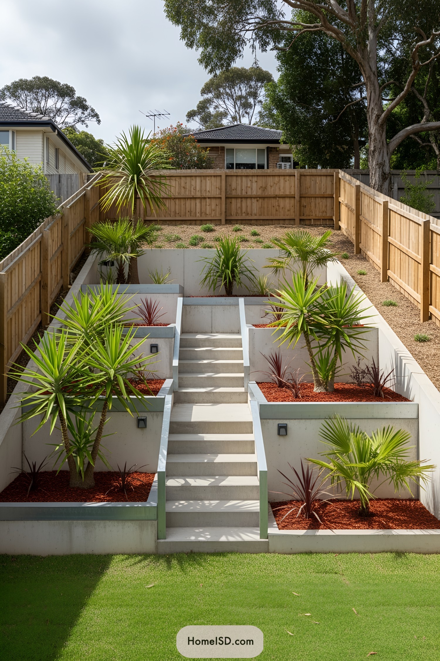 Concrete retaining walls with lush greenery and staircase