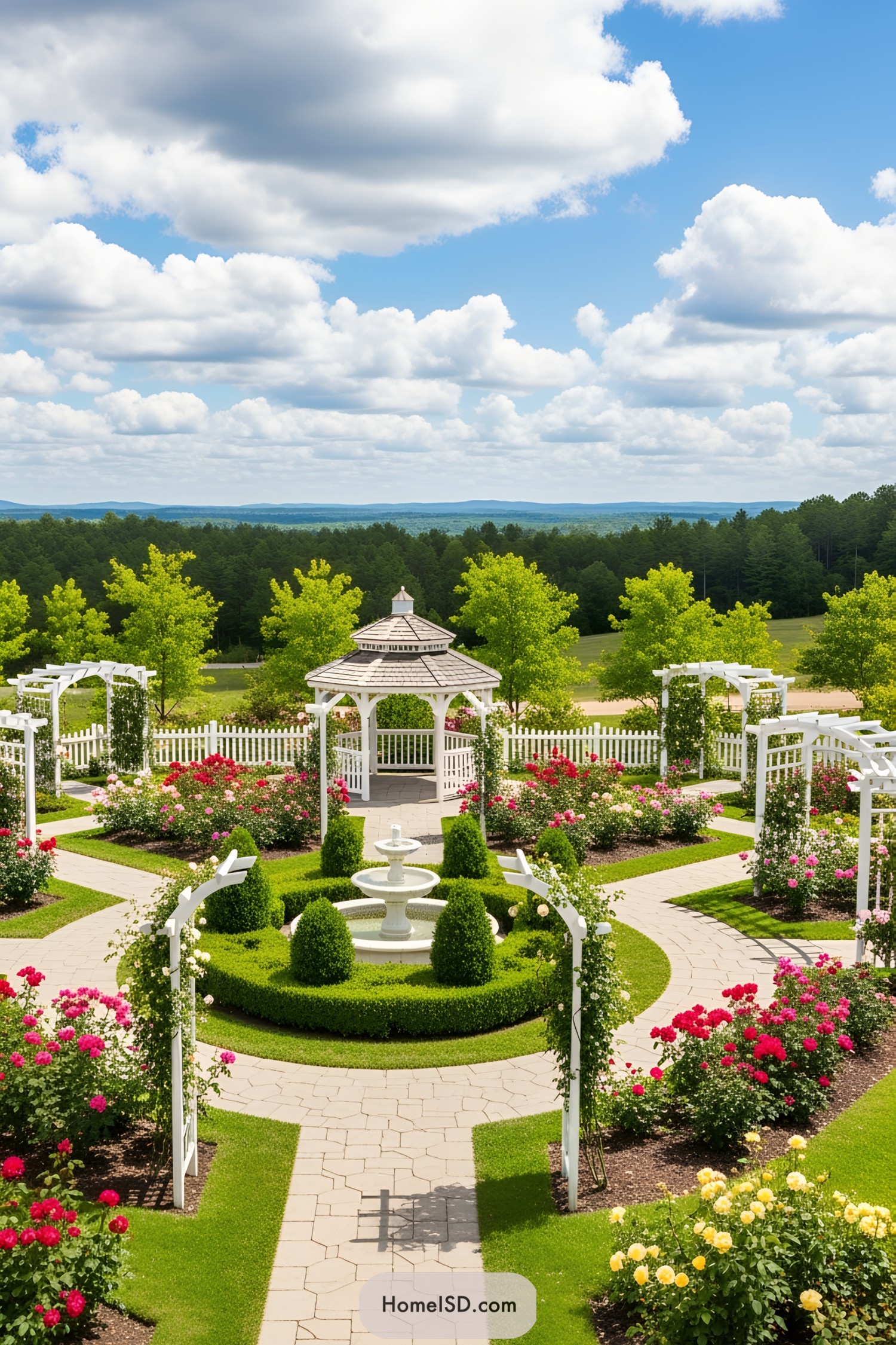 White gazebo surrounded by colorful flowers and winding pathways