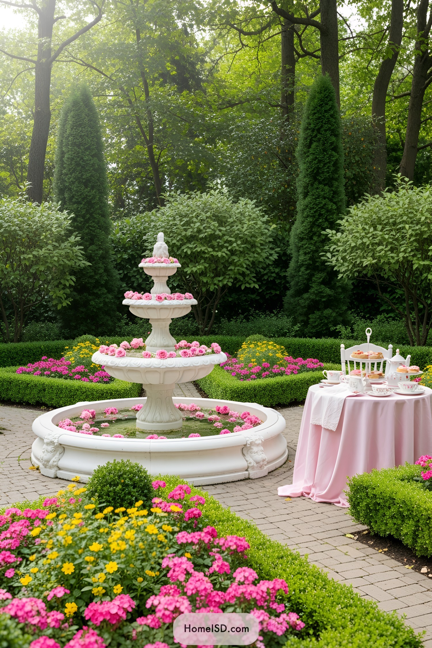 Charming garden scene with a fountain and pink flowers