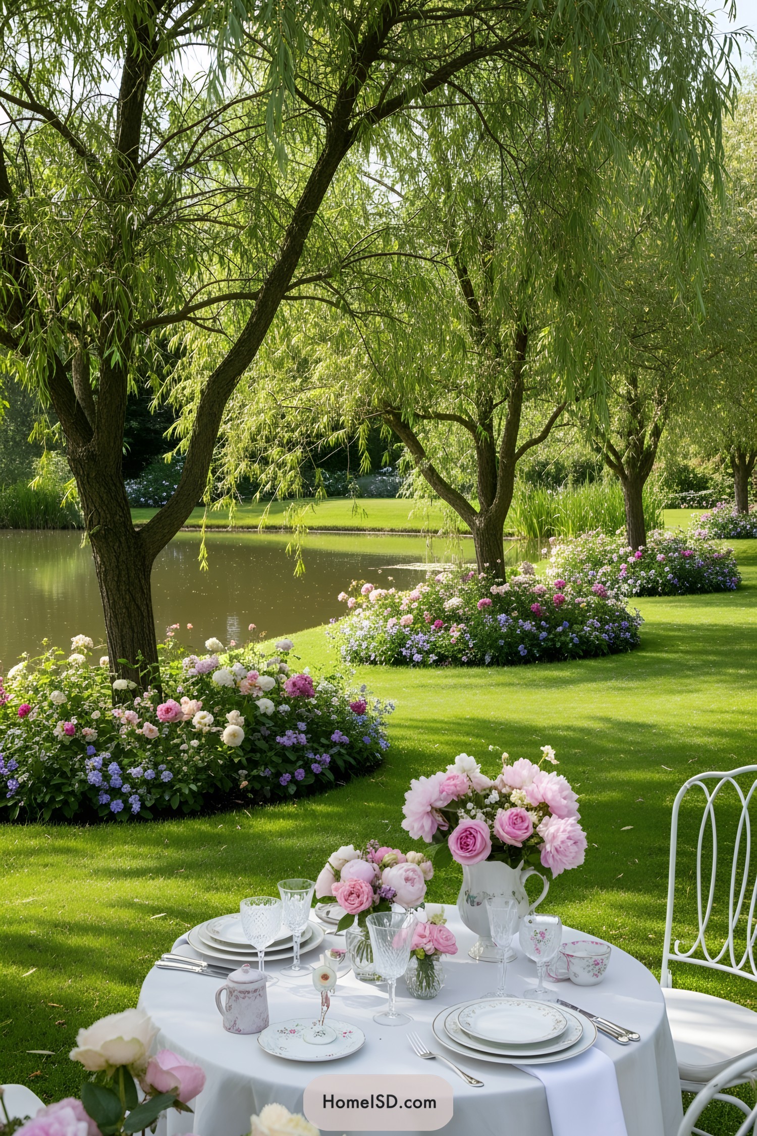 Outdoor table set by a pond with blooming flowers around