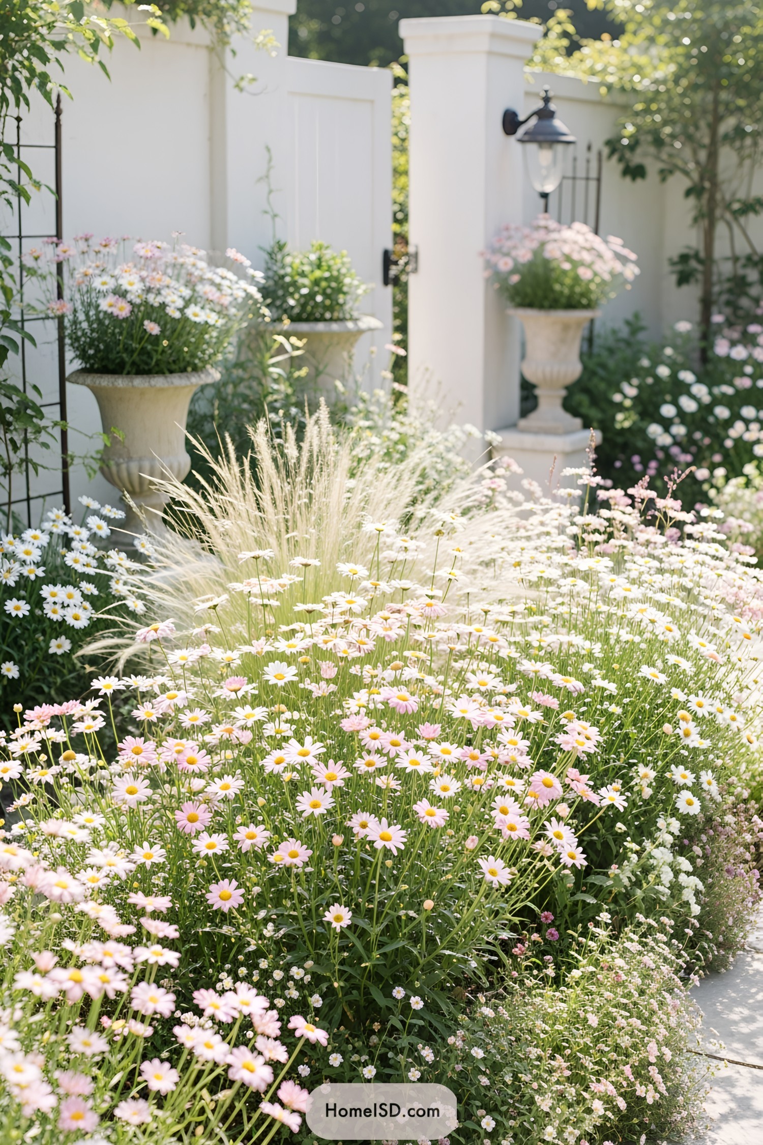Vibrant daisies flourishing near white garden fence