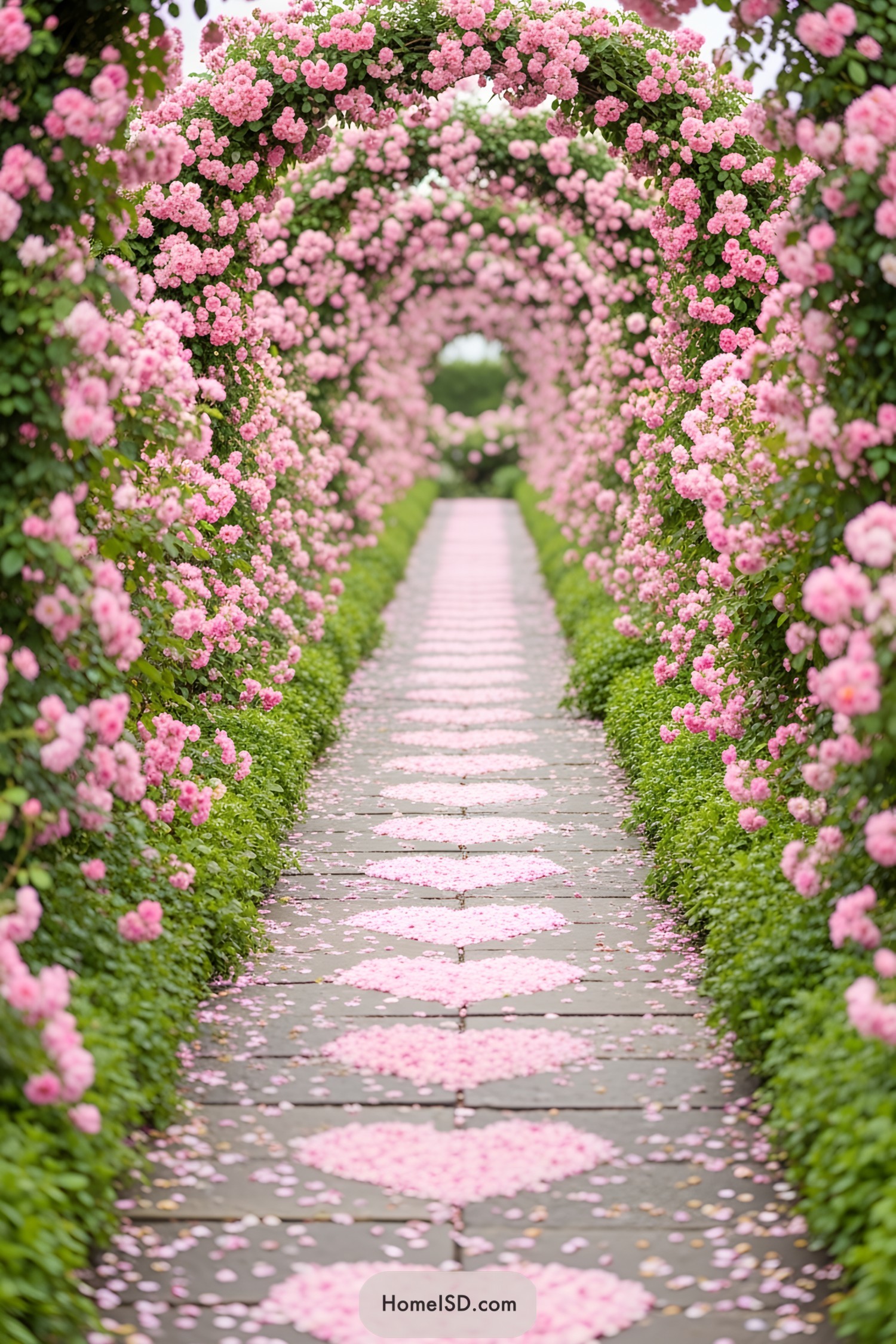 Floral archway with pink roses and scattered petals