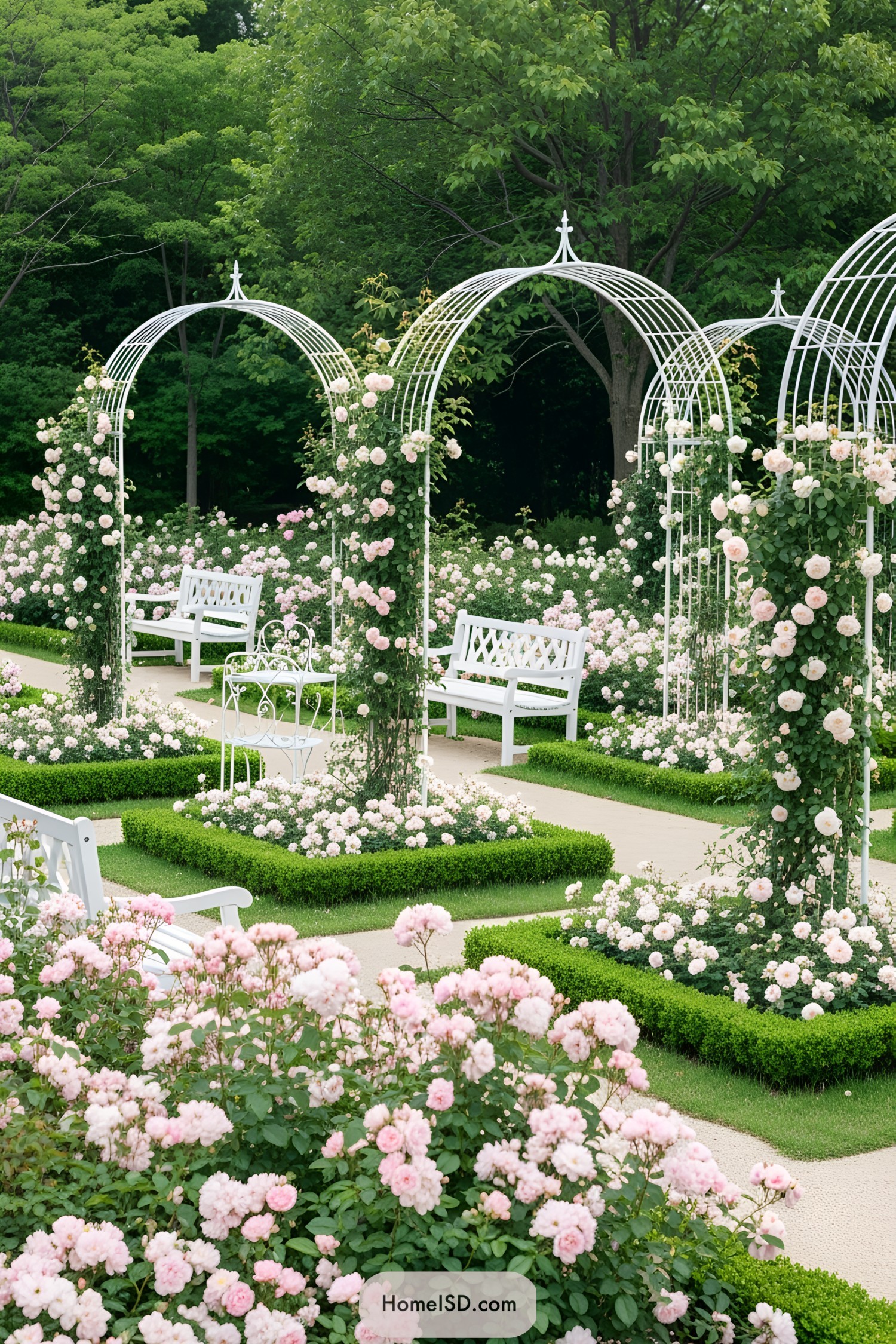 White arches adorned with pink roses in a lush garden