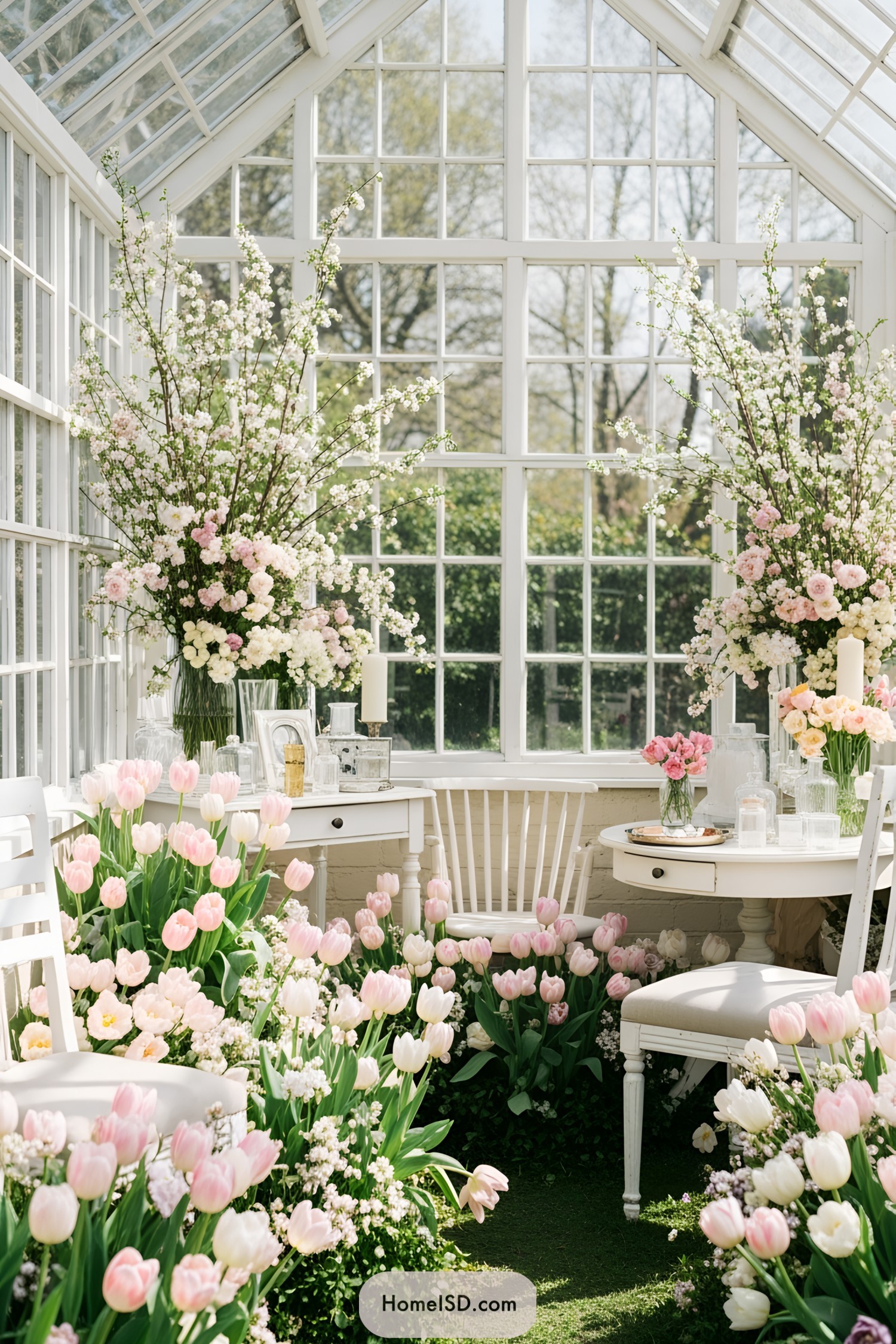 Bright greenhouse filled with pastel blooms and white furniture