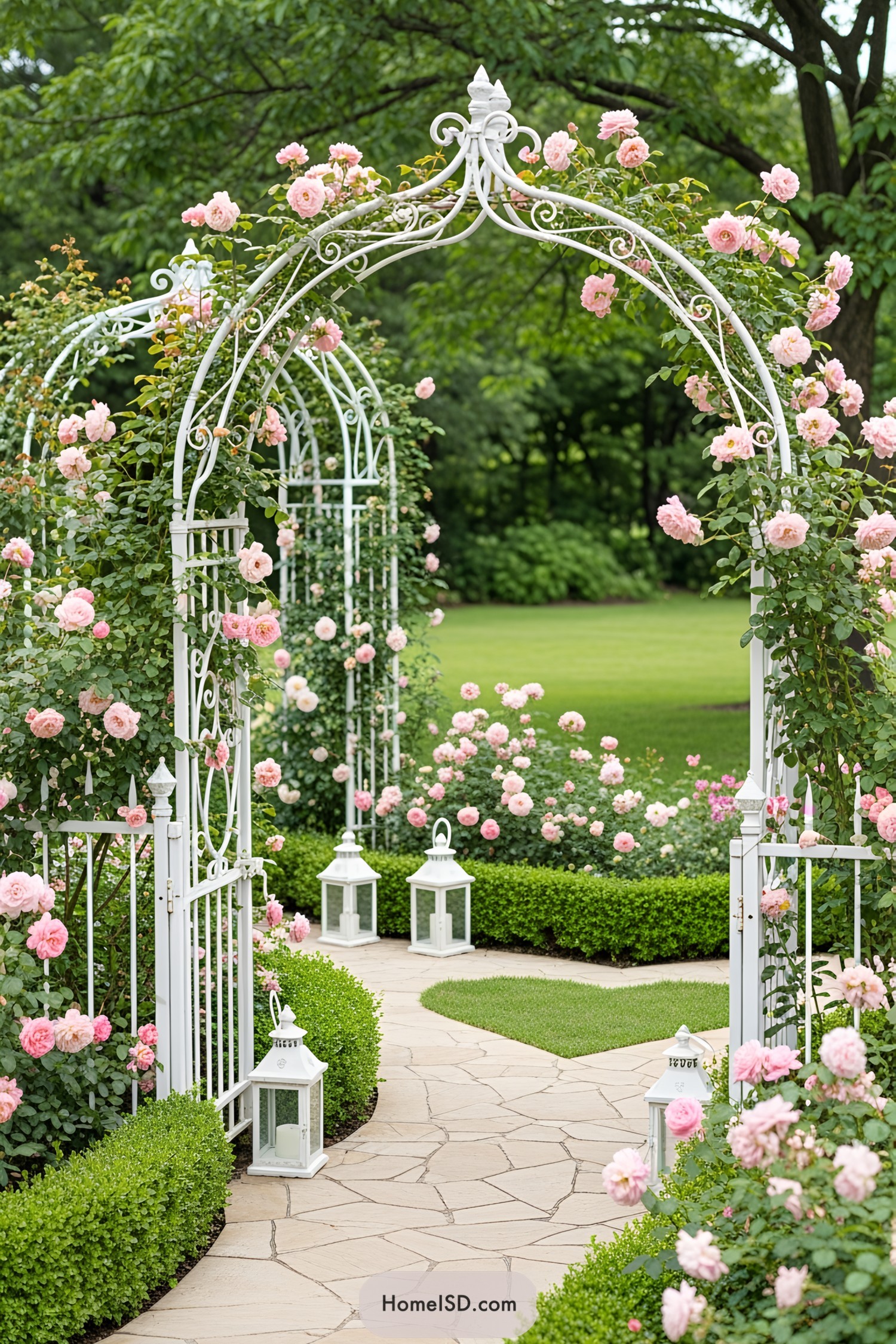 White metal archway adorned with pink roses in a lush garden