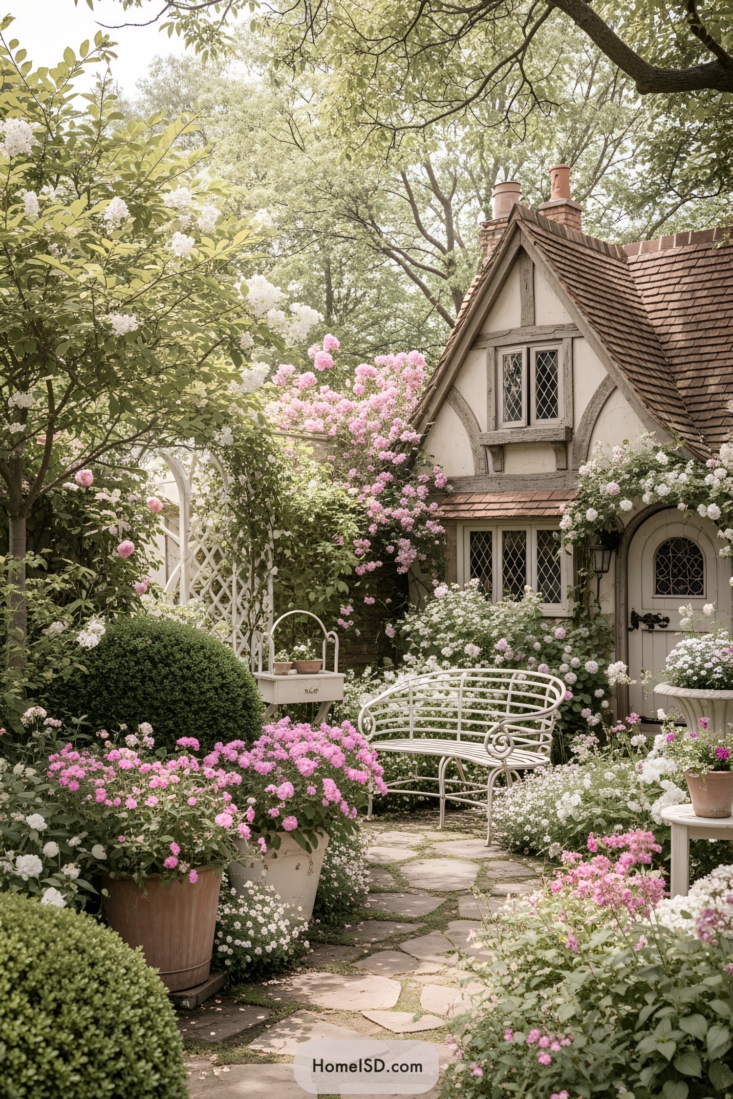 Cottage with pink and white flowers surrounded by lush greenery