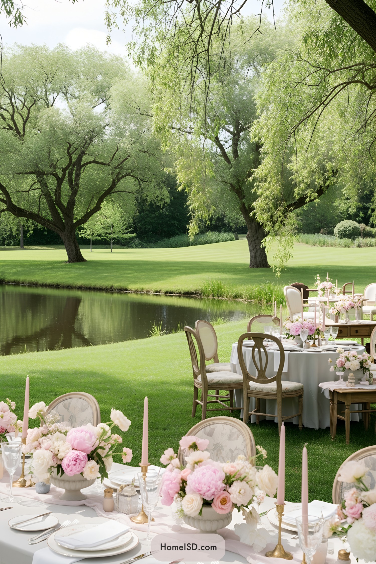 Outdoor garden party setup with elegant floral arrangements and a pond