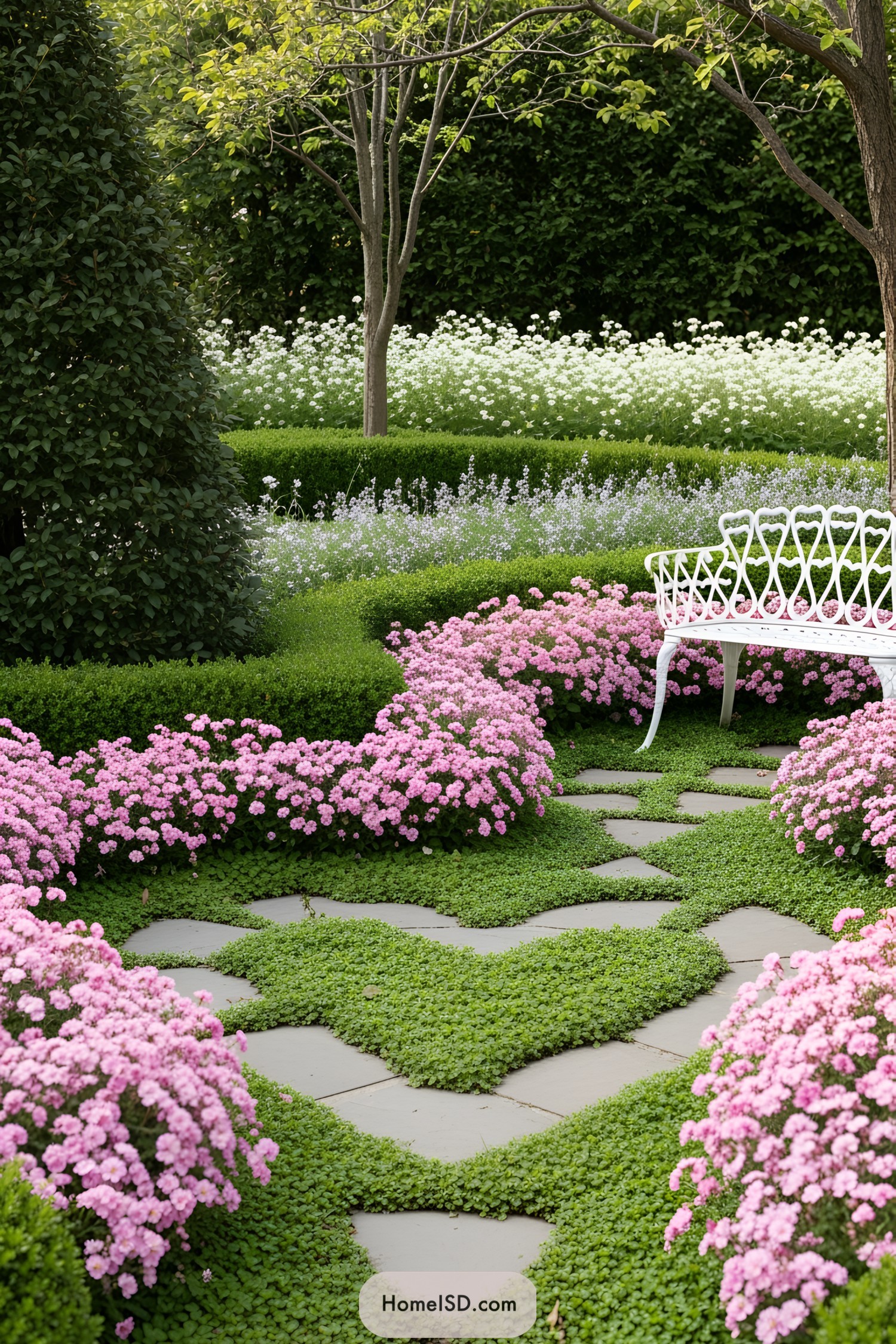 Garden path with pink flowers and a white bench