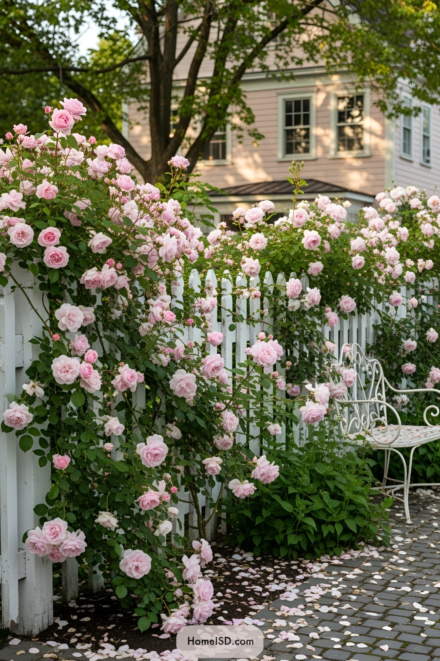 White picket fence adorned with pink roses