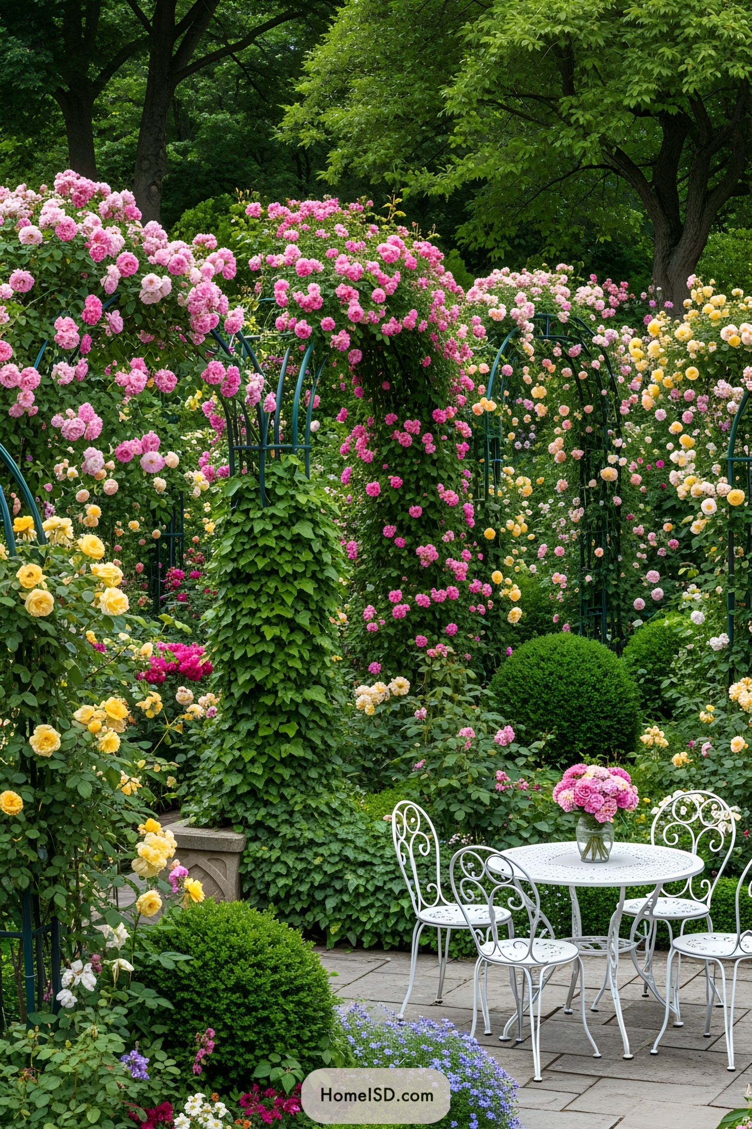 Garden with pink and yellow roses and a white patio set