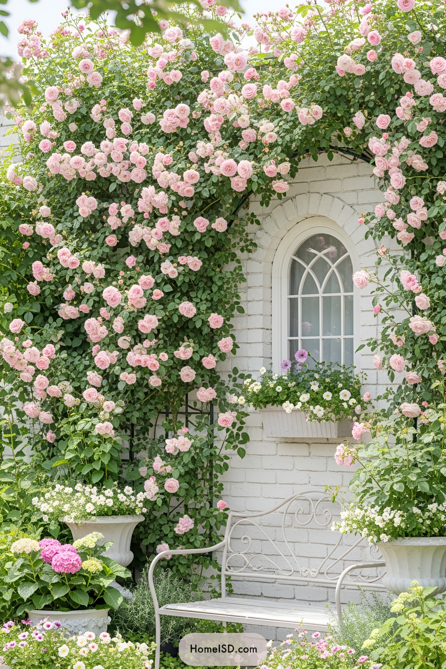 A whimsical garden corner with pink roses and a vintage bench