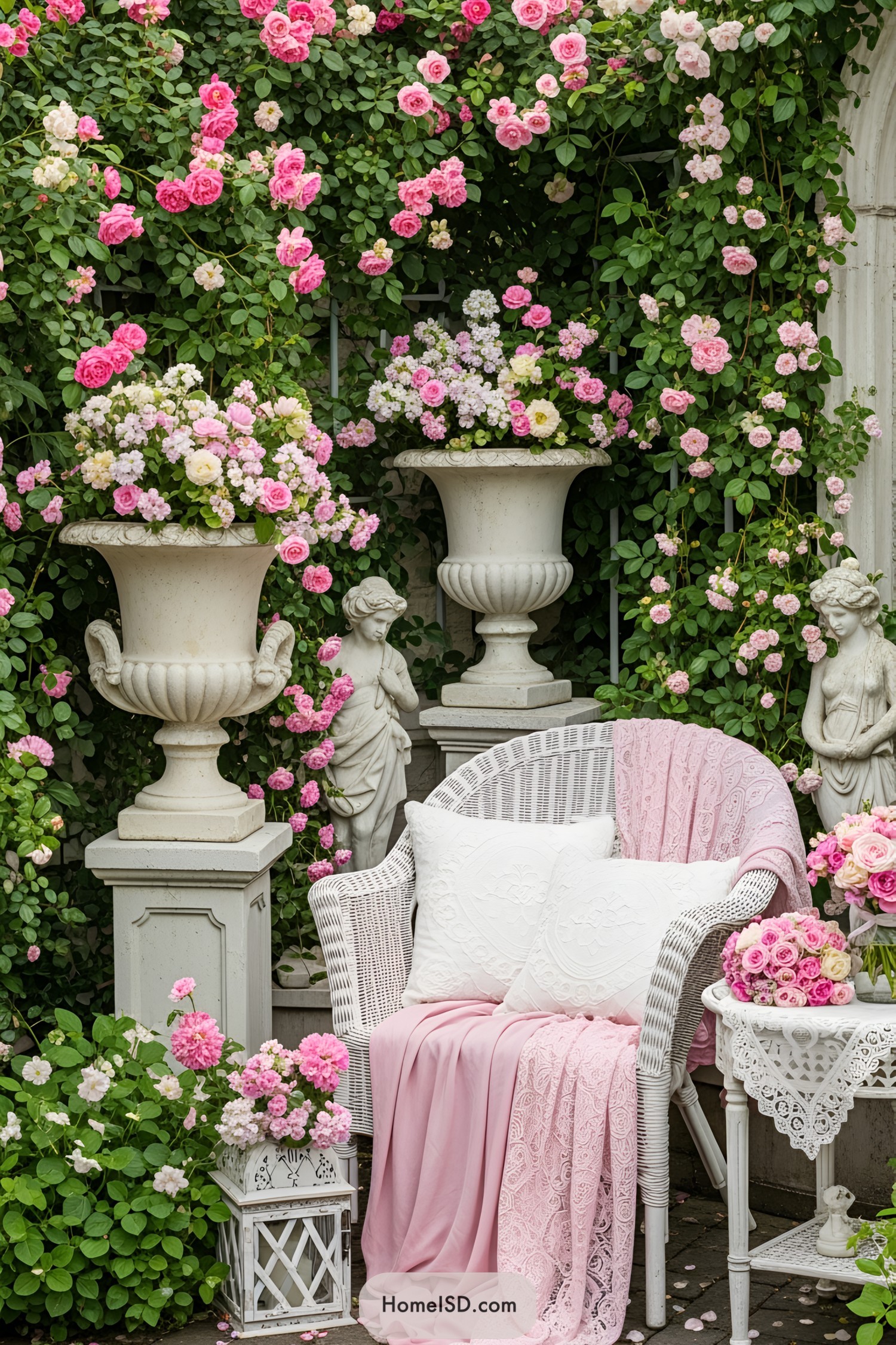 Charming garden nook with blooming roses and statues
