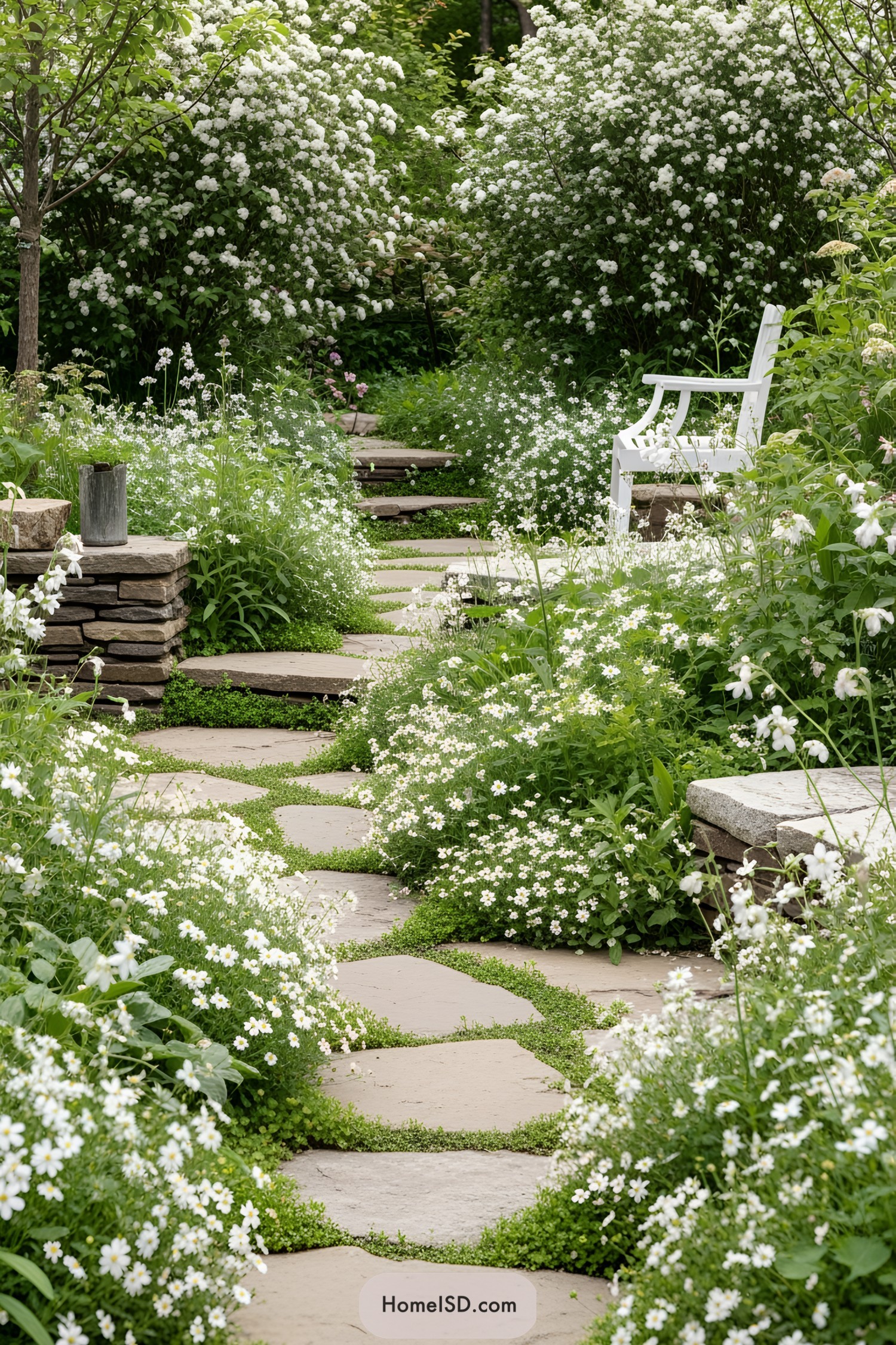 Garden path with white flowers and a wooden bench