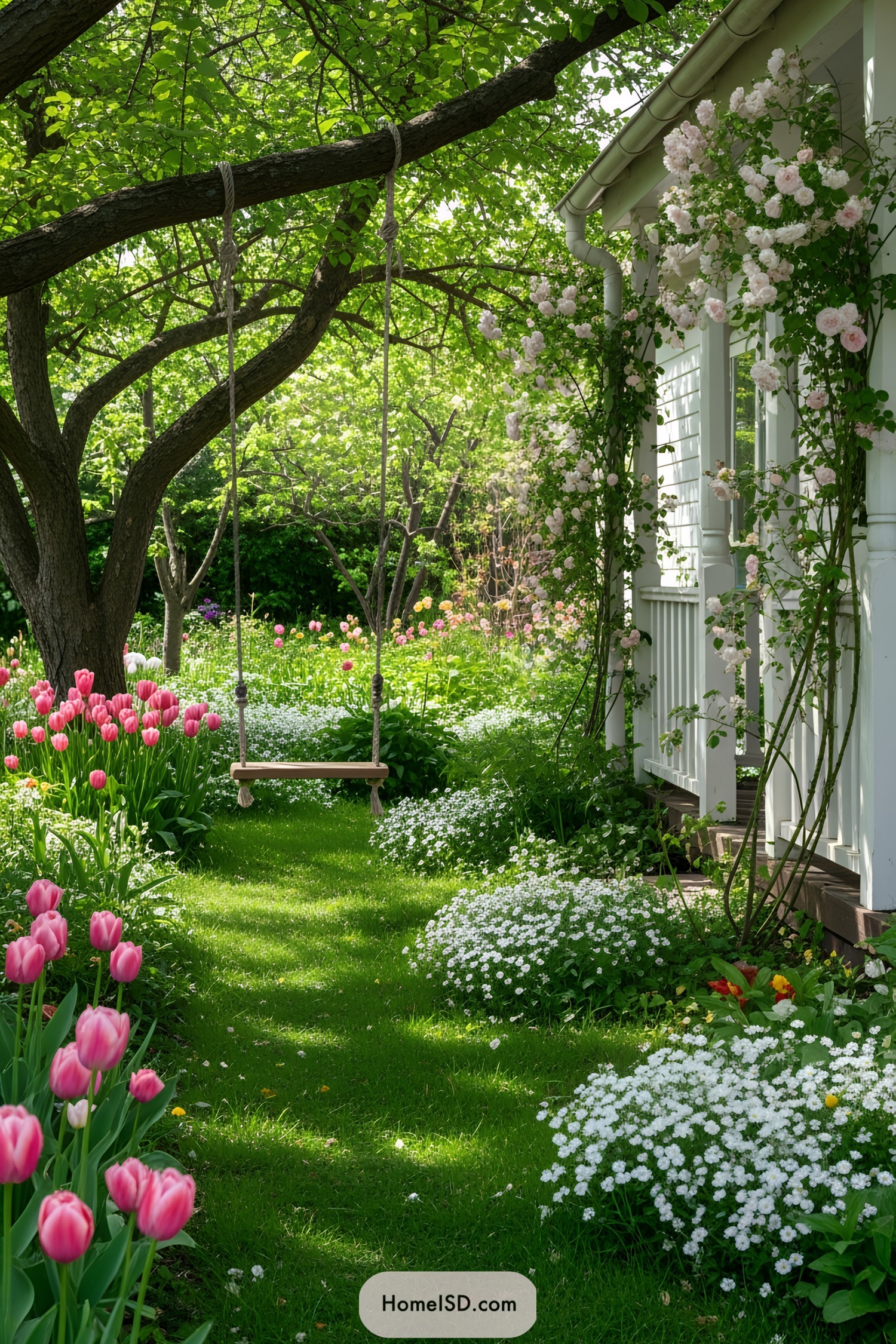 Garden with a swing, pink tulips, and blooming roses
