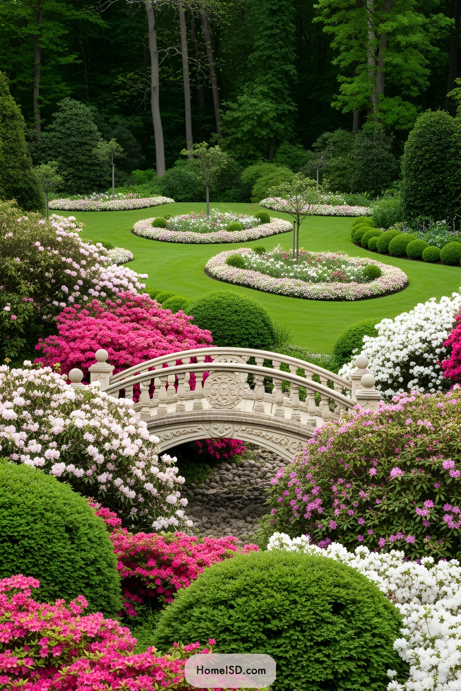 Bridge surrounded by lush gardens and colorful flowers